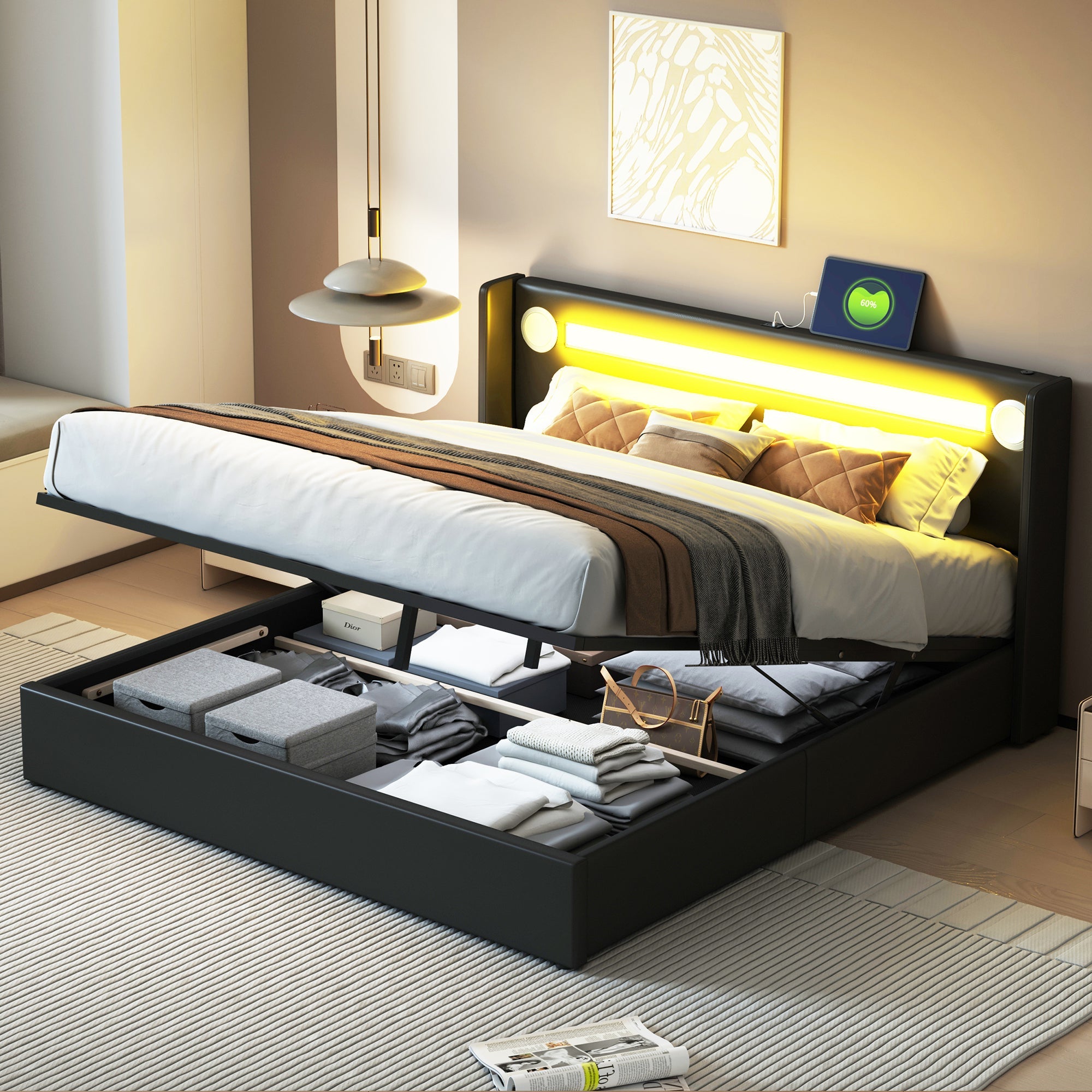 Logidon gestoffeerd bed 160x200 zwart met LED lichtstrip USB opladen