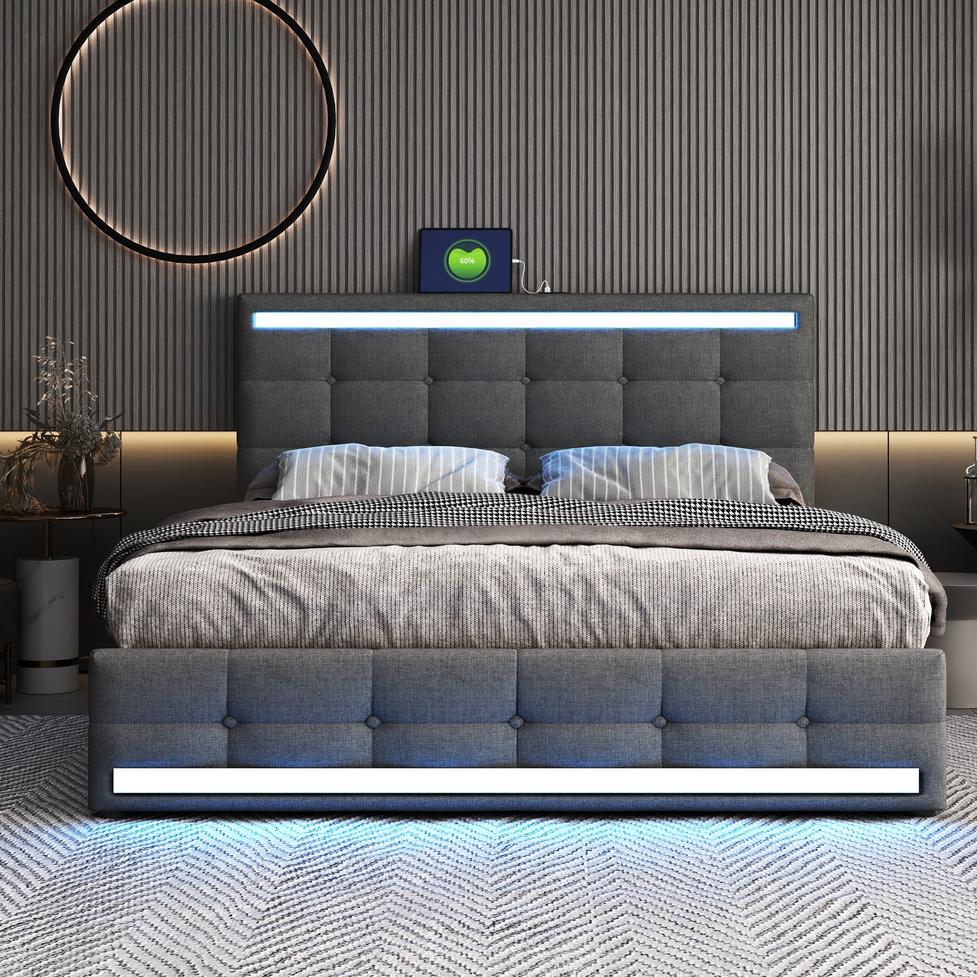 Logidon gestoffeerd bed 140x200 LED, opbergruimte, USB, grijs