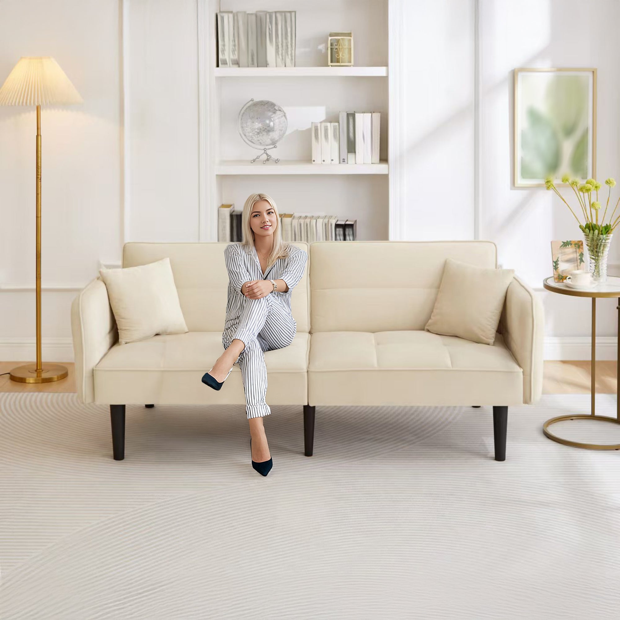 Logidon 2-in-1 slaapbank beige fluwelen hoes verstelbare tweezits