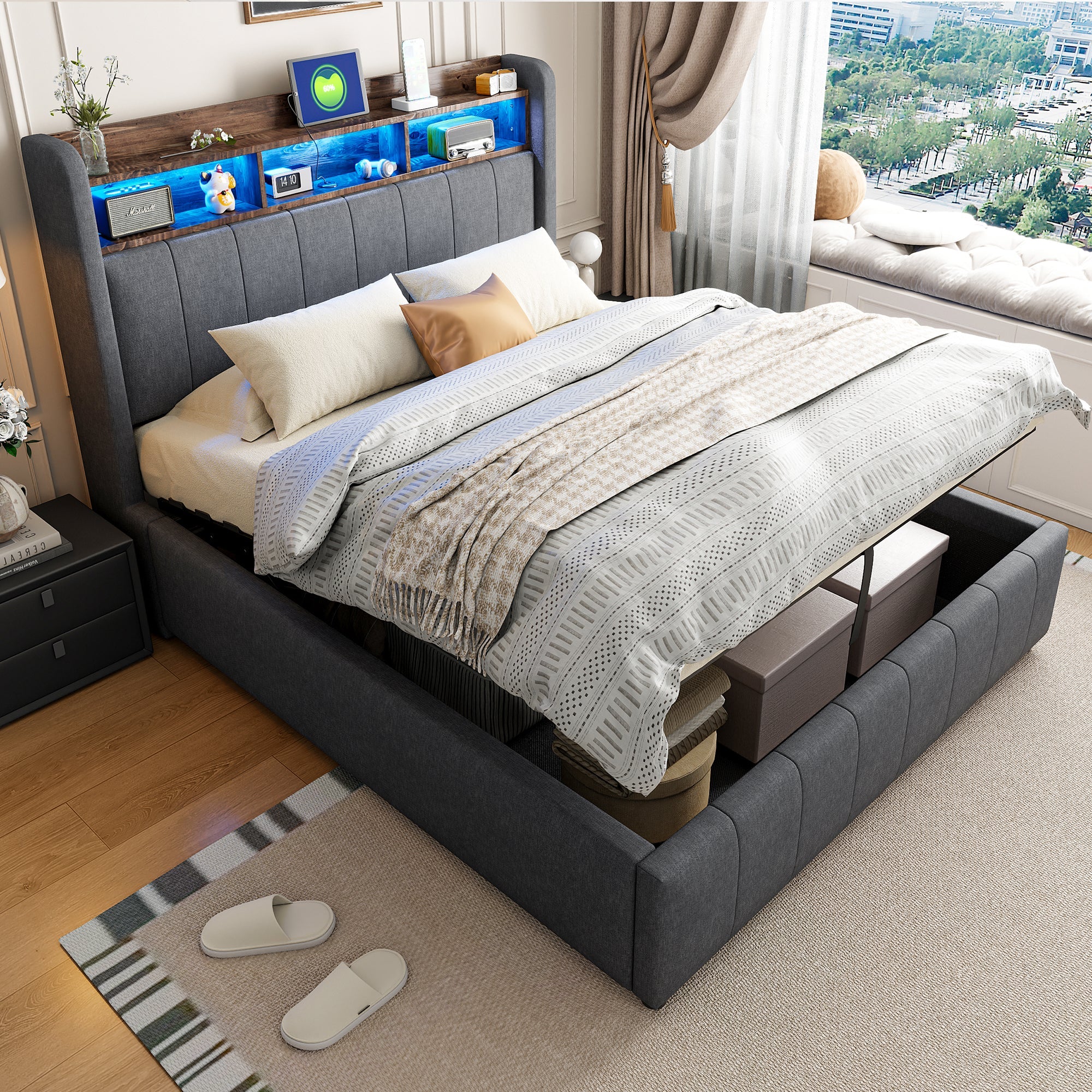 Logidon gestoffeerd bed 140x200 cm grijs met LED verlichting USB opbergruimte