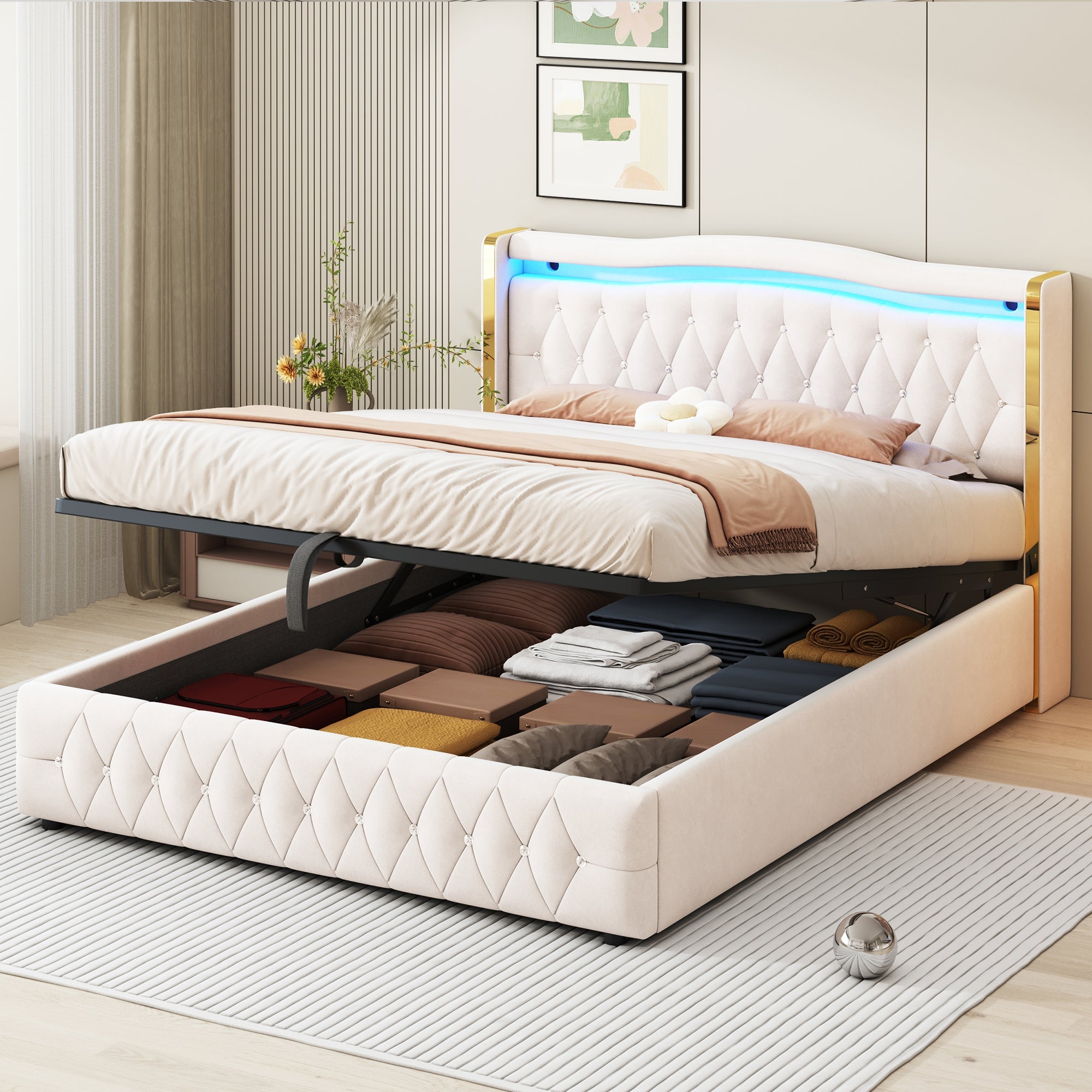 Logidon stoffen bed 160x200 beige fluweel LED-opbergruimte