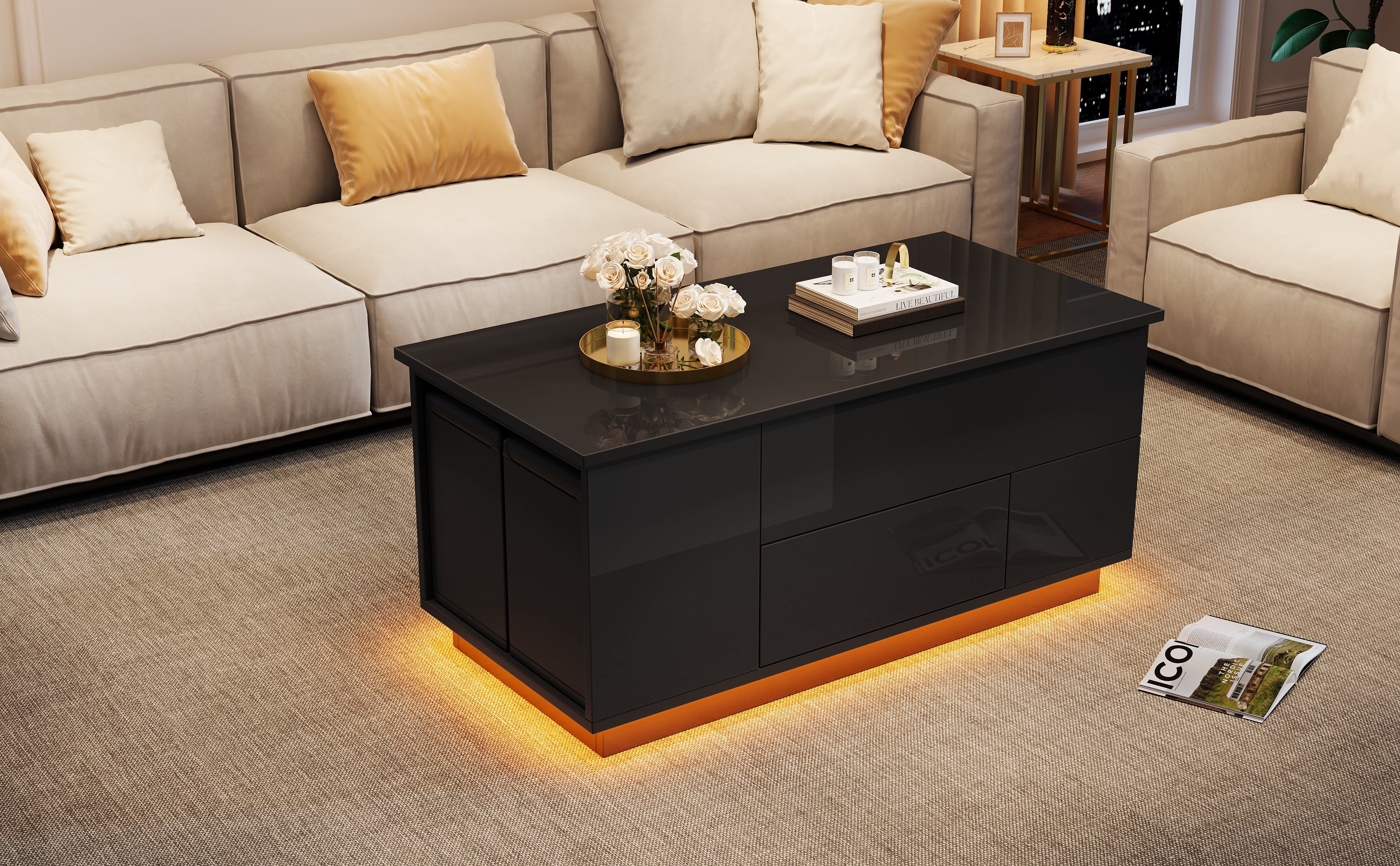 Logidon 4-in-1 in hoogte verstelbare salontafel zwart 100x50x45 cm LED