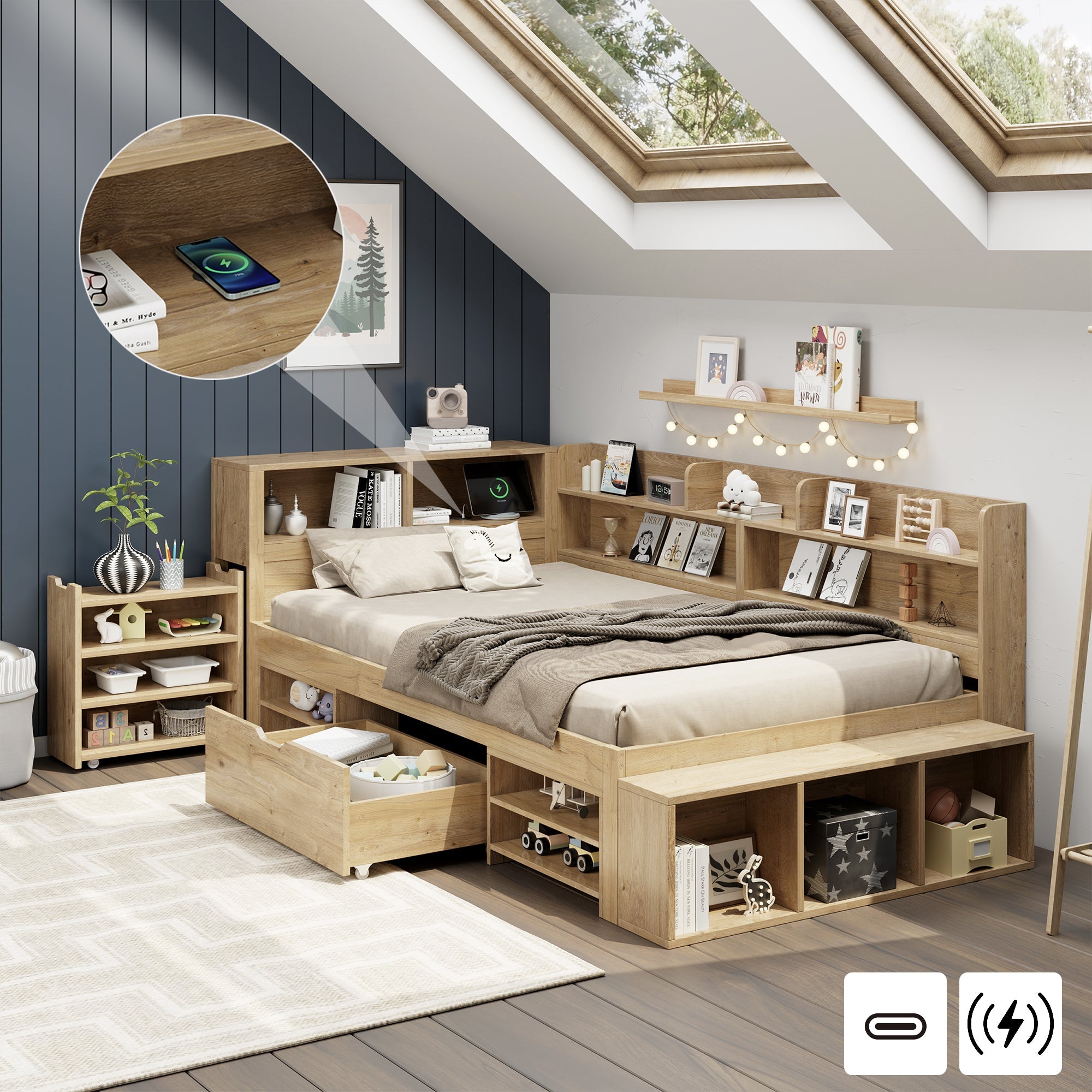 Logidon kinderbed 90x200 cm naturel hout met opbergruimte en opladen