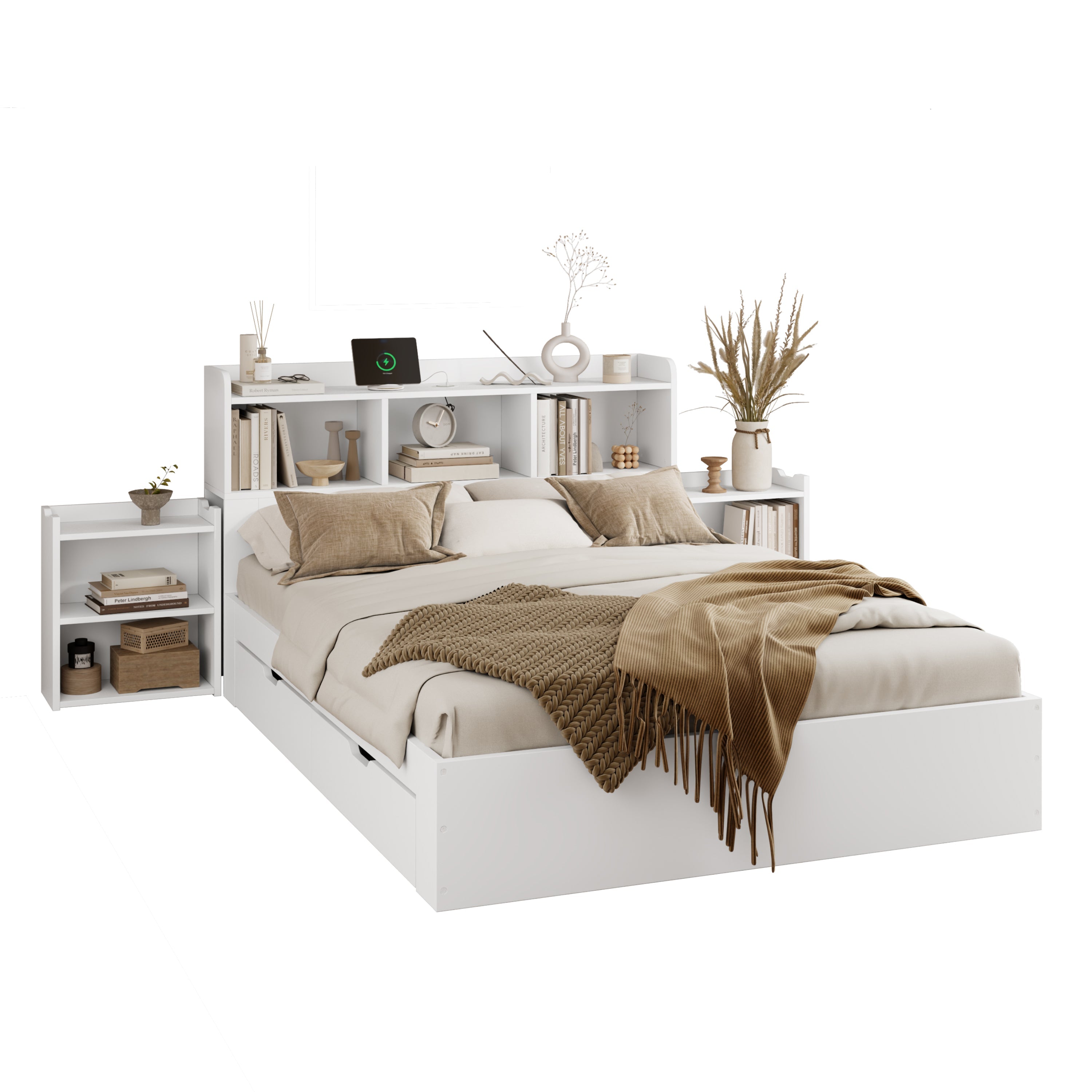 Logidon tweepersoonsbed 140x200 wit met lattenbodem uitschuifbare nachtkastjes