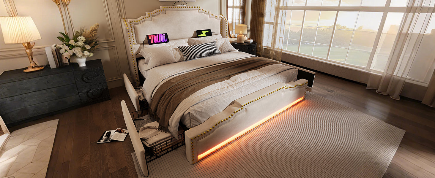 Logidon gestoffeerd bed 140x200 beige met 4 lades LED USB-C