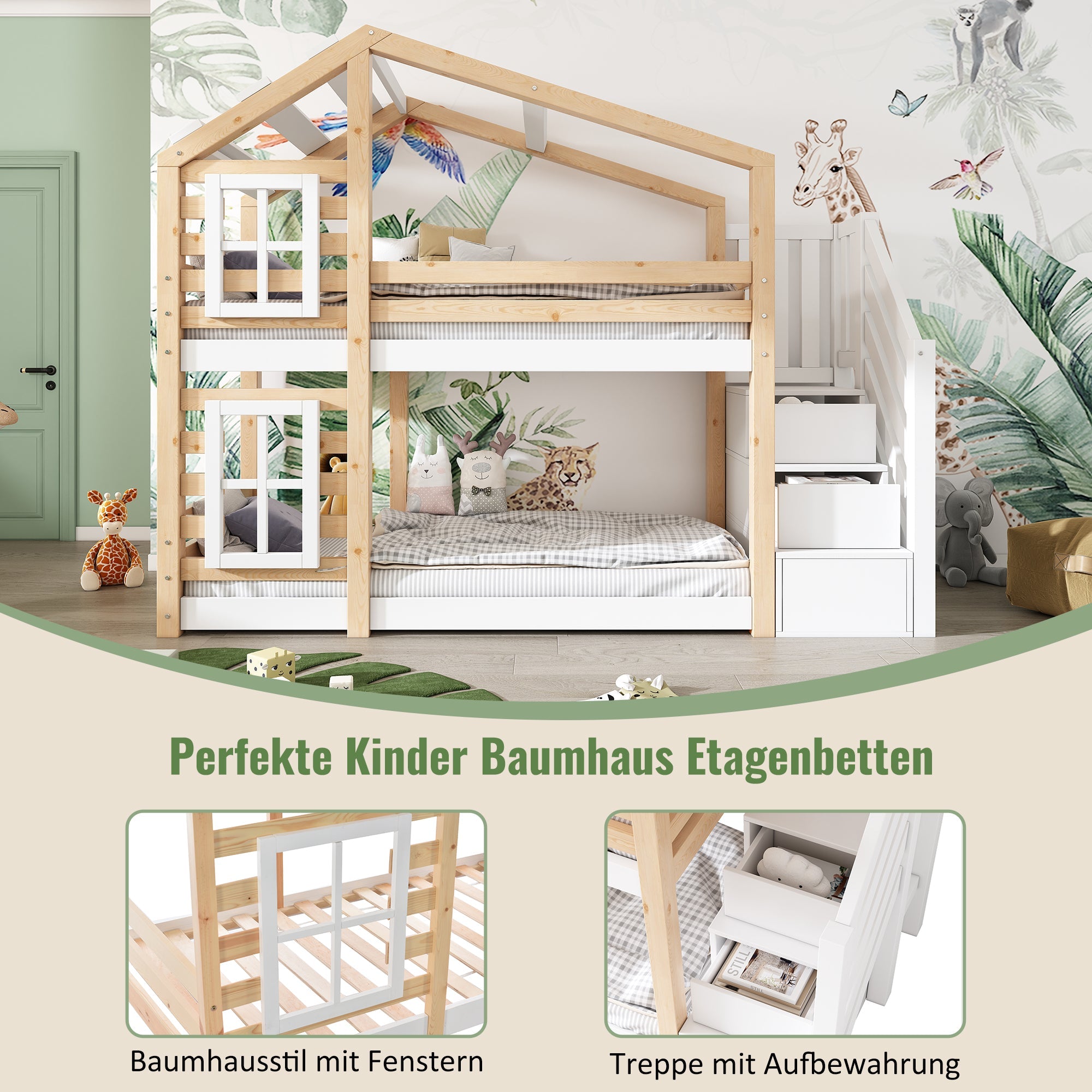 Logidon stapelbed boomhut 90x200 cm - naturel wit, 2 lattenbodems