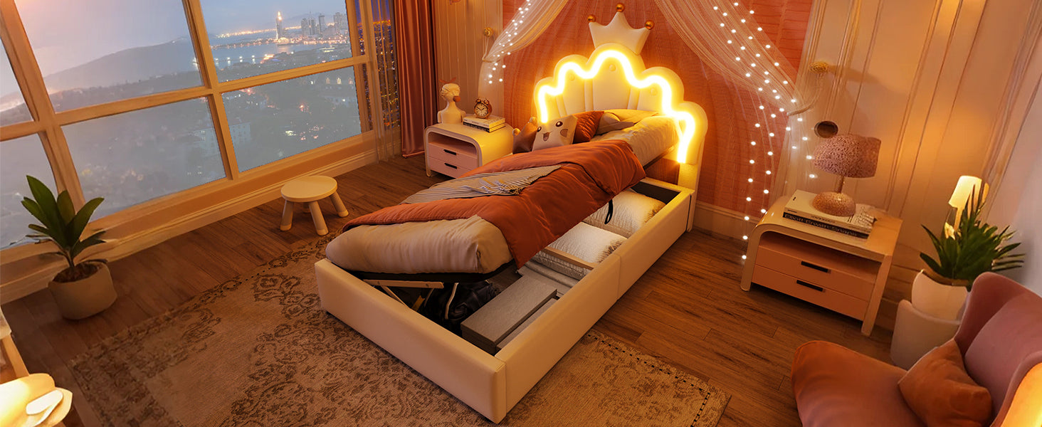 Logidon prinsessenbed 90x200 cm wit kunstleer LED-verlichting