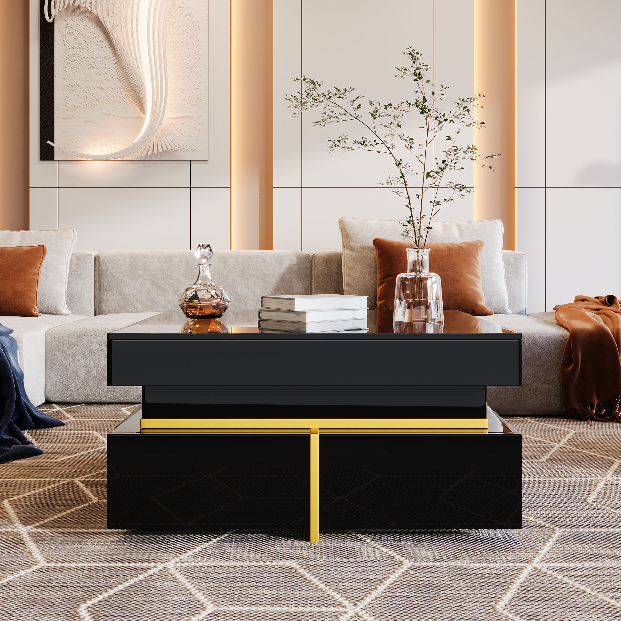 Logidon high gloss coffee table with gold accents and drawers