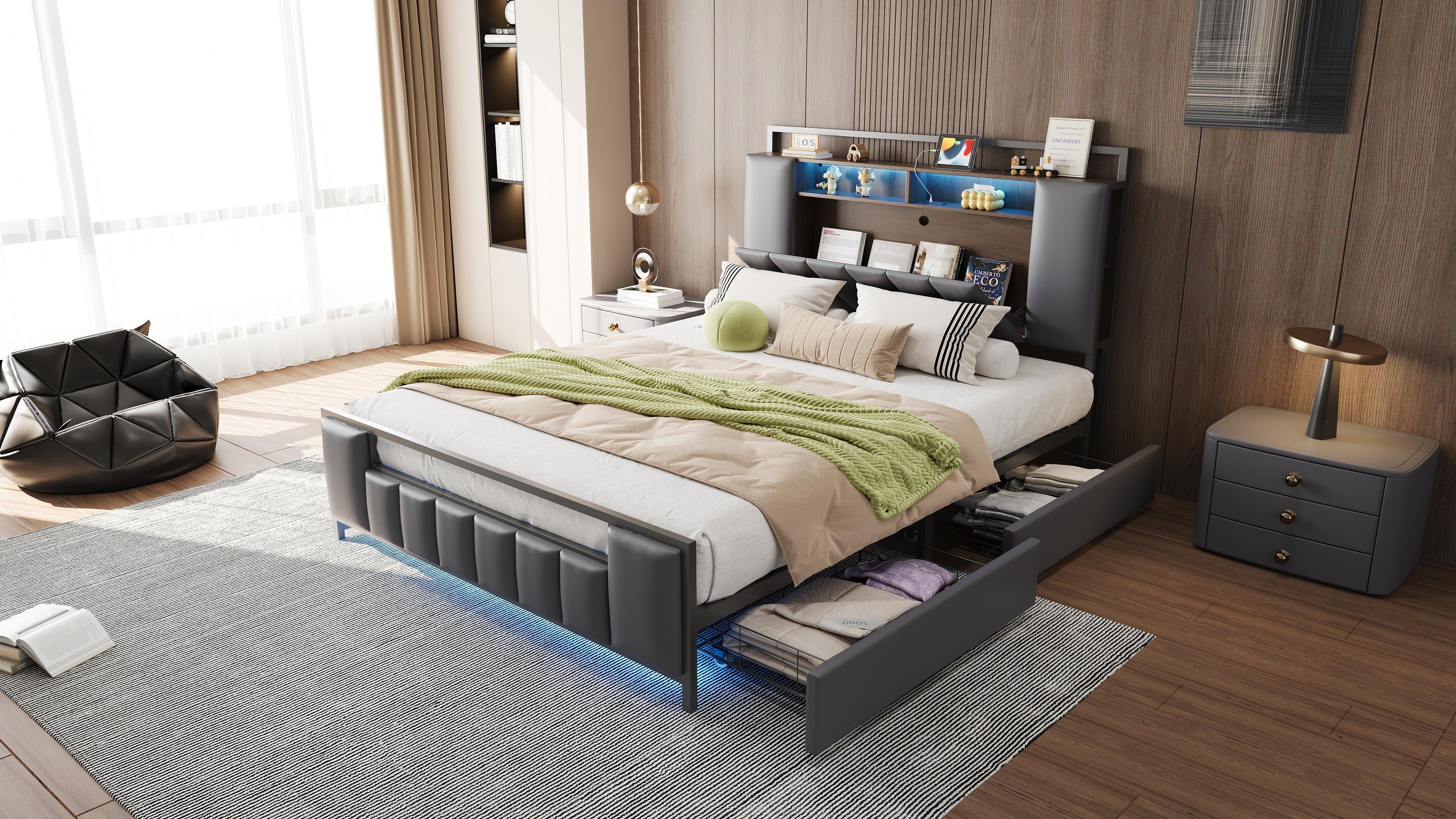 Logidon gestoffeerd bed 160x200 cm grijs kunstleer met LED USB-laden