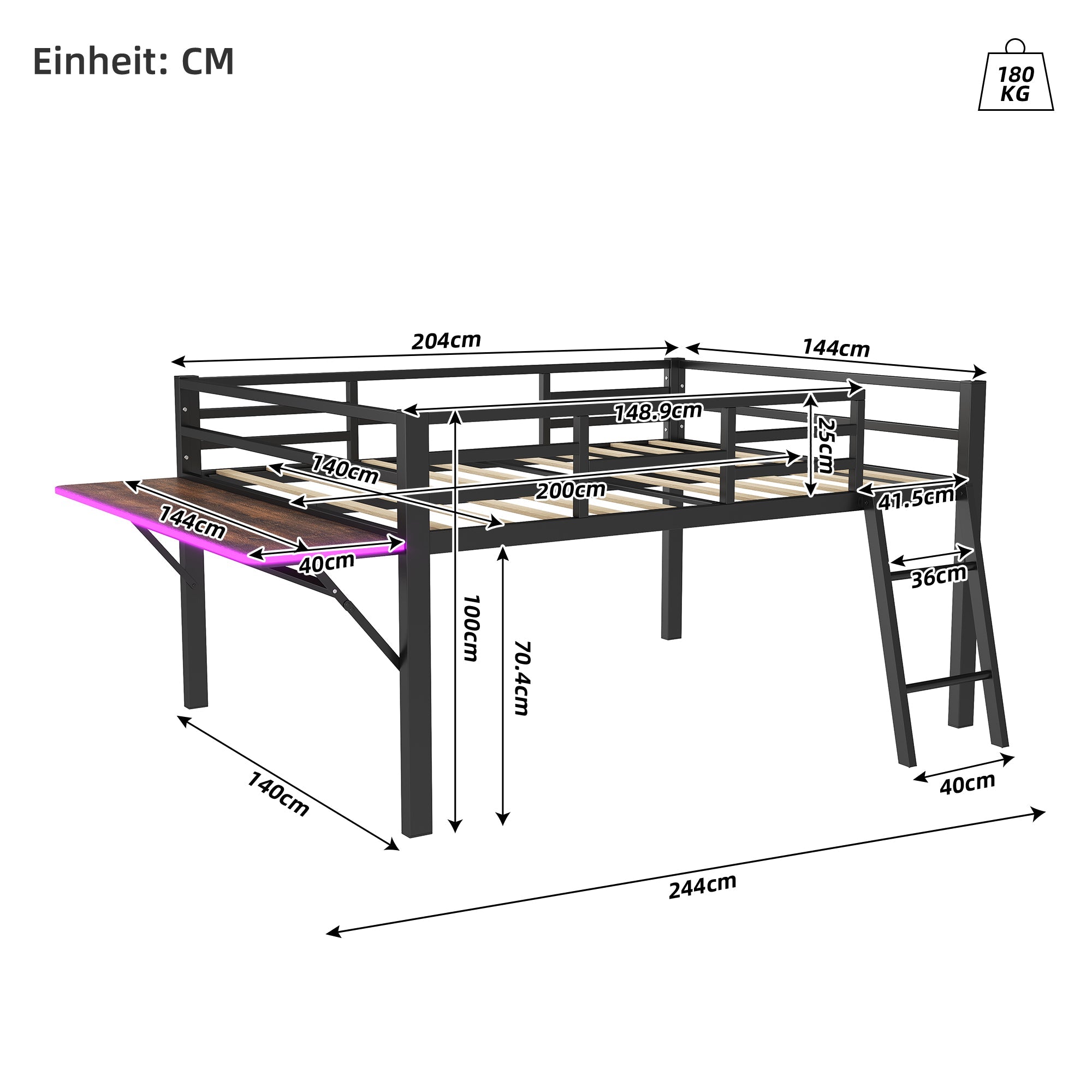 Logidon plat bed 140 x 200 cm metalen bed zwarte reling bureau