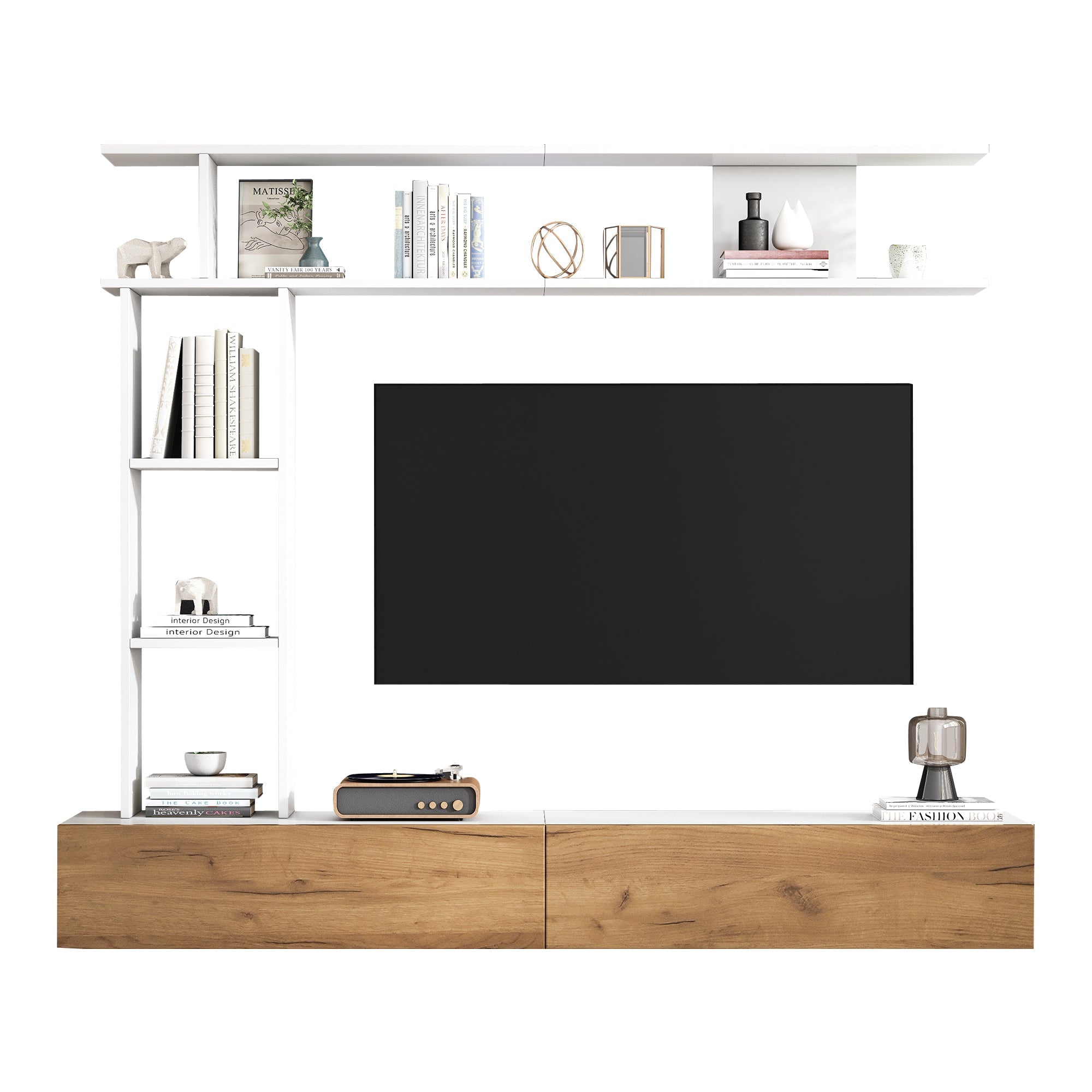 Logidon TV wandmeubel 180 cm wit houtlook met vitrinekasten