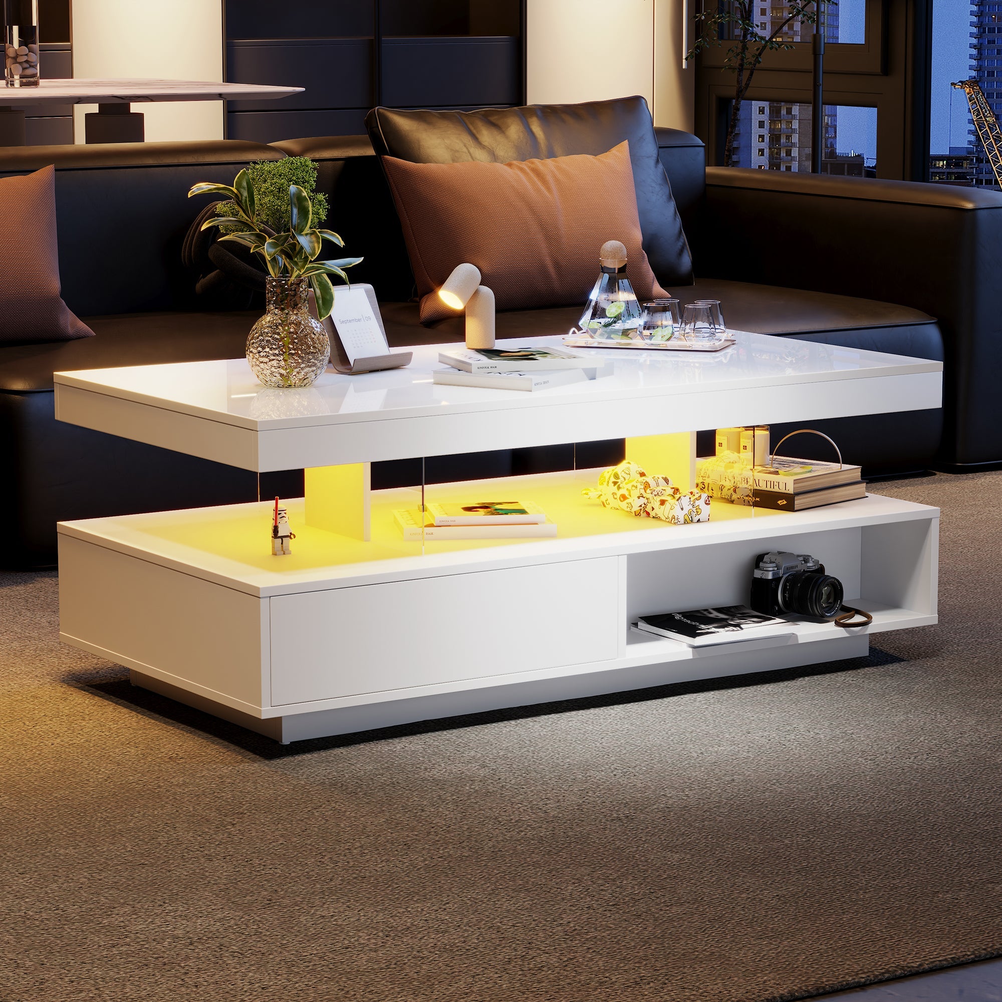 Logidon Witte Hoogglans Salontafel 95x50 cm Met Glazen Bladen