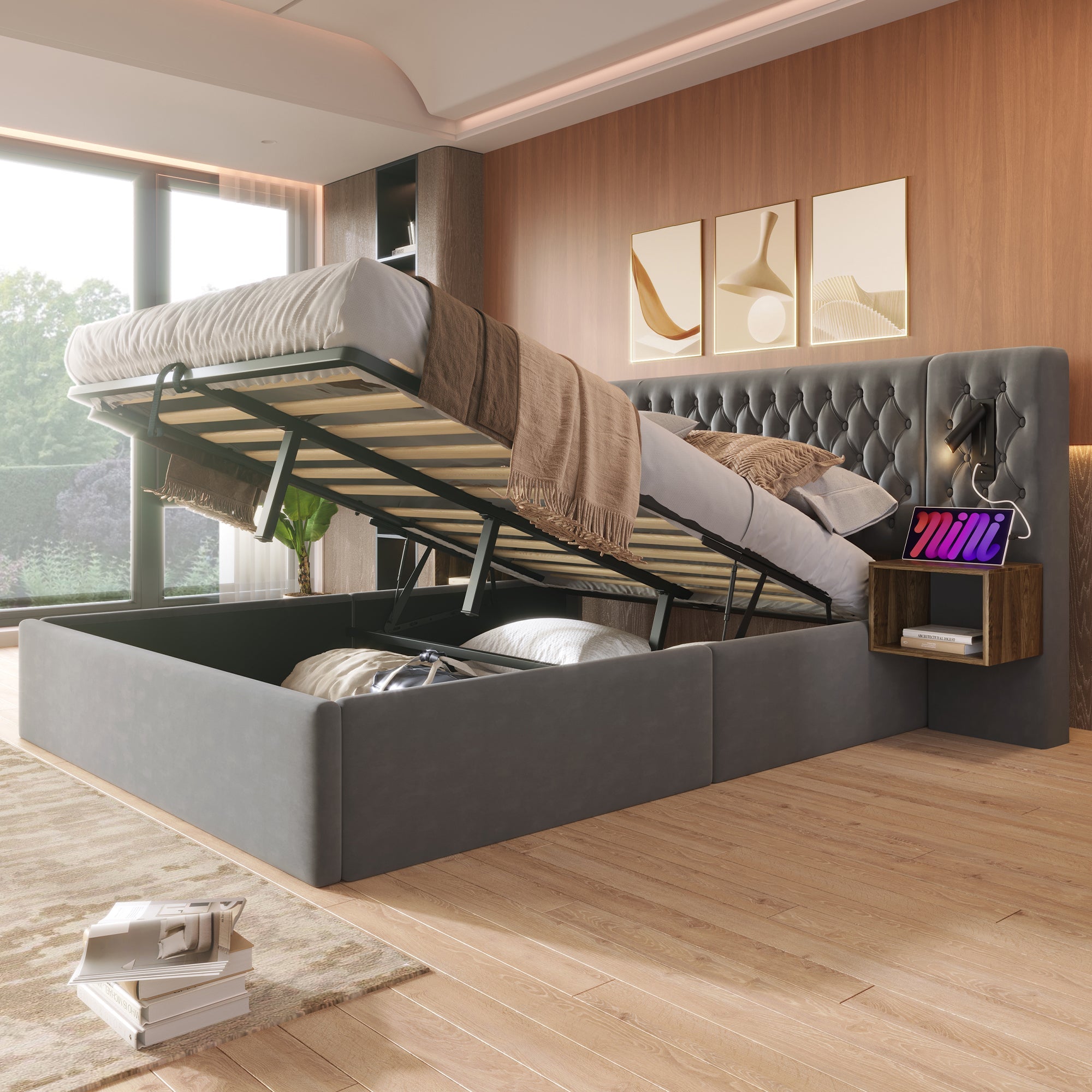 Logidon bed system 160x200 cm upholstered bed with storage space gray velvet
