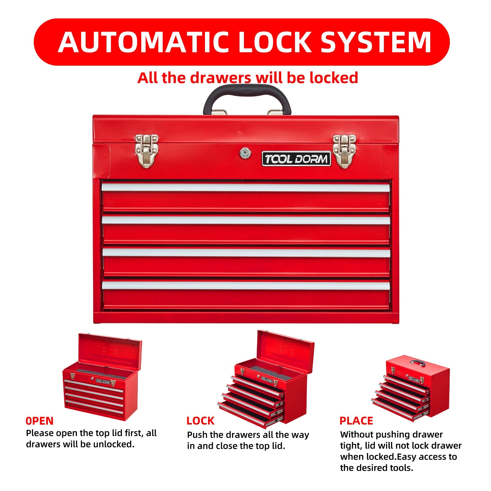 Logidon metal tool box red, 4 drawers, protective padding, lock
