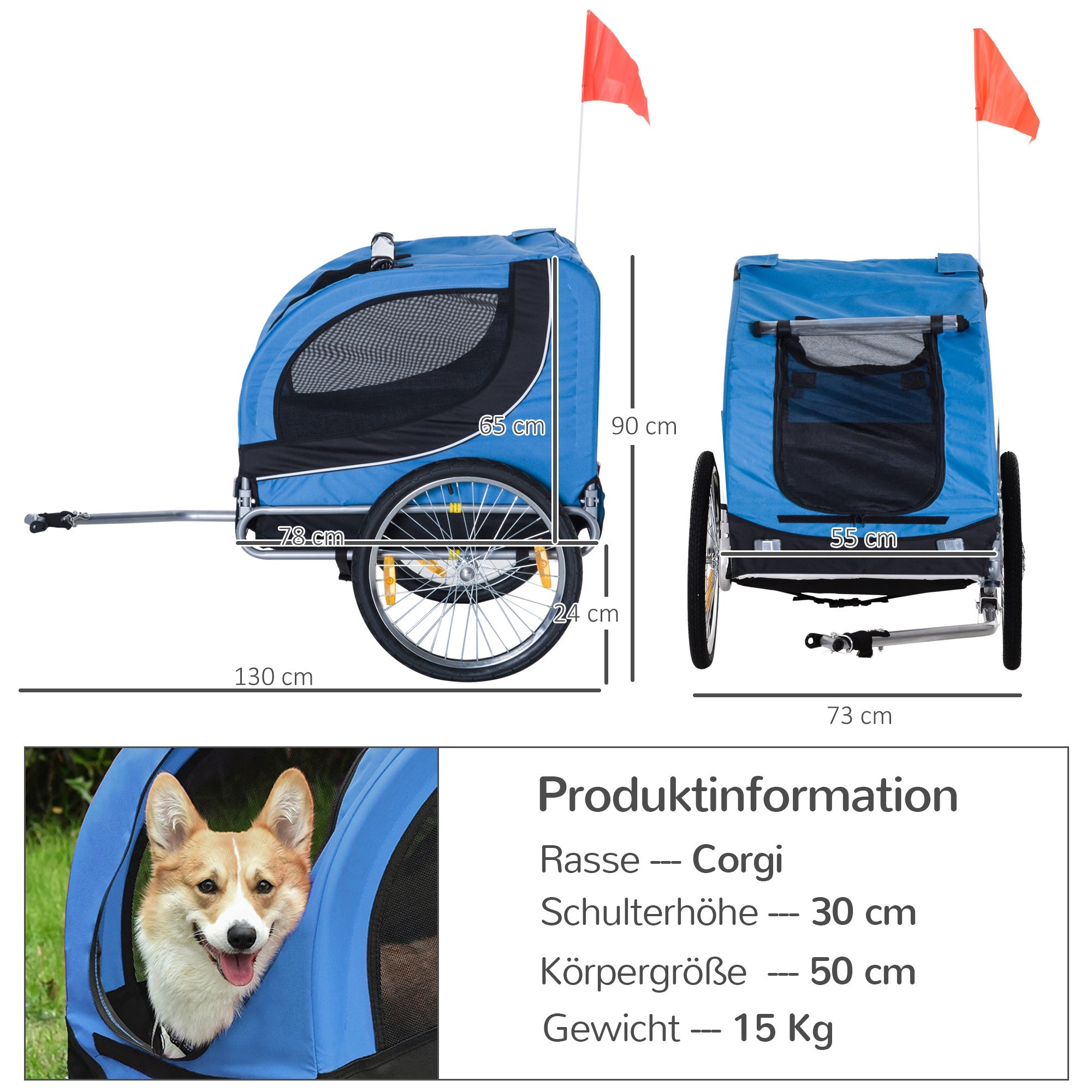 Logidon Hondenkar Fiets Blauw Zwart 130x73x90 cm