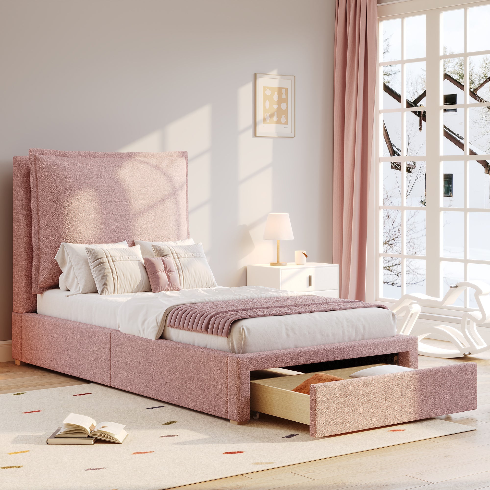 Logidon gestoffeerd bed 90x200 roze chenille met opbergruimte en lattenbodem