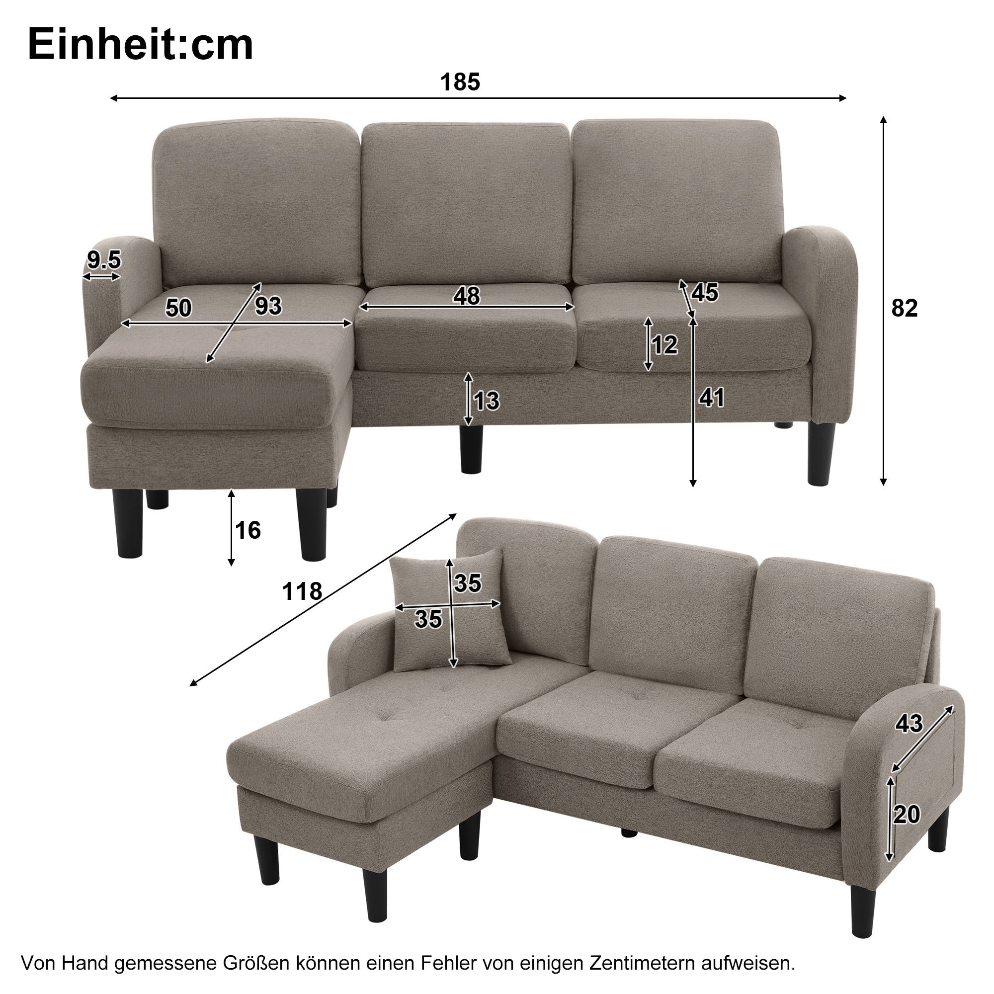 Logidon L-vormige hoekbank met chaise longue 3-zits 185x118x82 cm