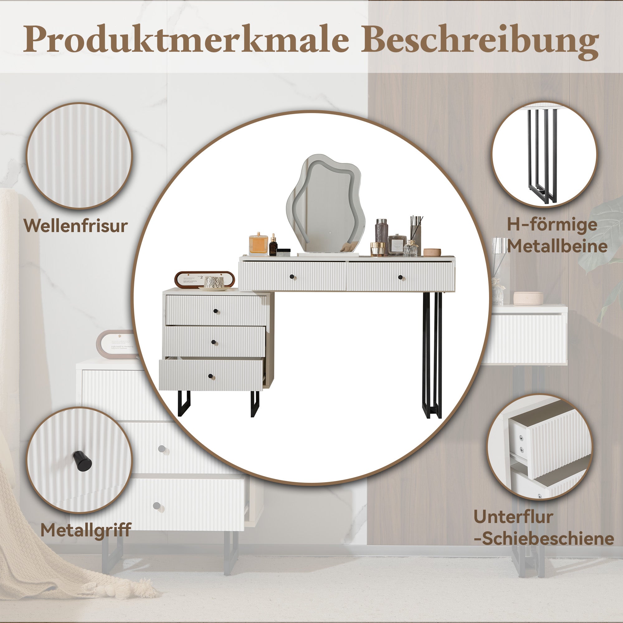 Logidon Kaptafel Witte Spiegel LED Uitschuifbaar Tafelblad