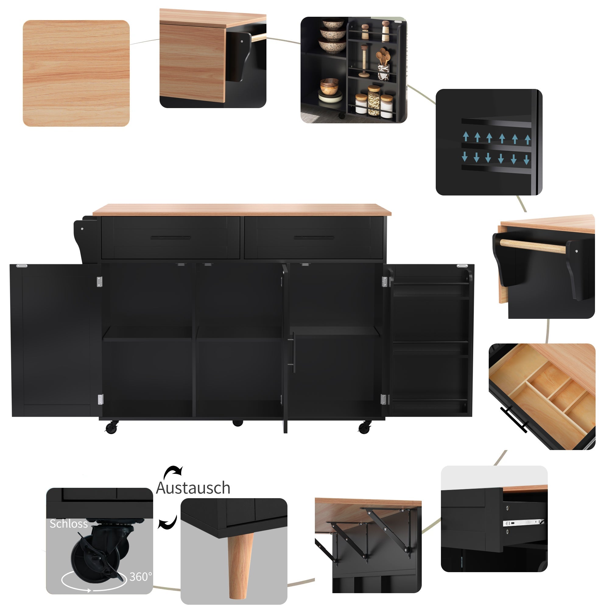 Logidon dining room trolley black 129x46x91.5 cm folding worktop