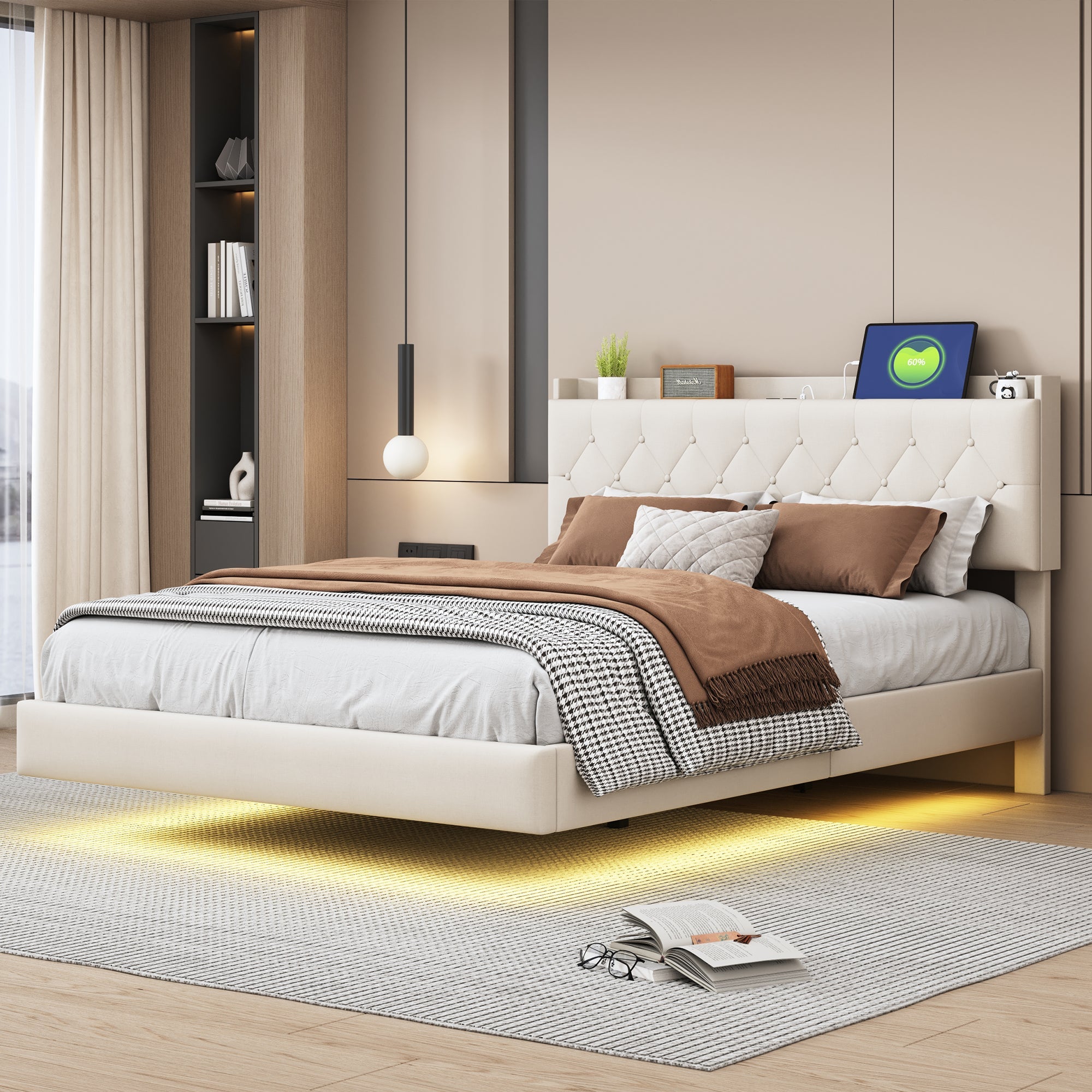 Logidon gestoffeerd bed 140x200 cm beige USB-oplaadpoort LED-lichtstrip
