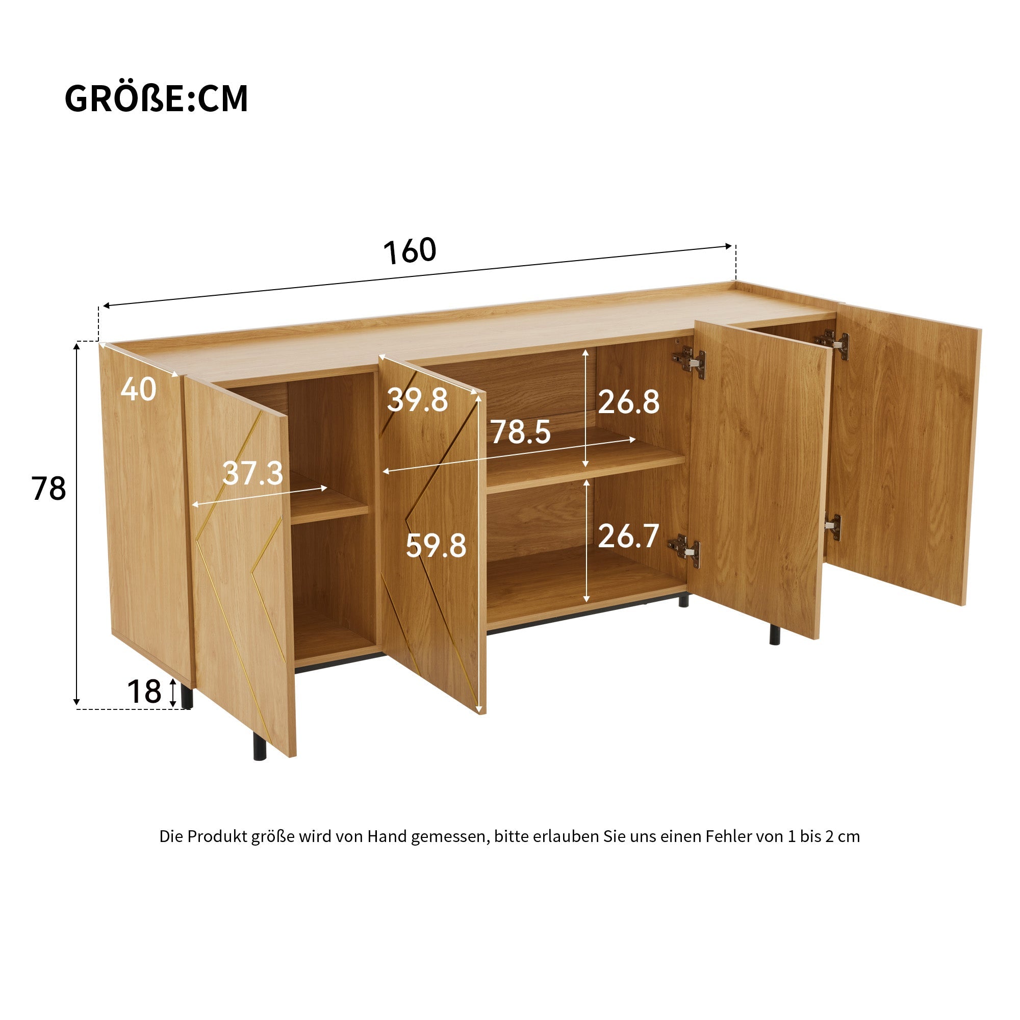 Logidon dressoir naturel hout met metalen inleg en 4 deuren 160 x 40 cm