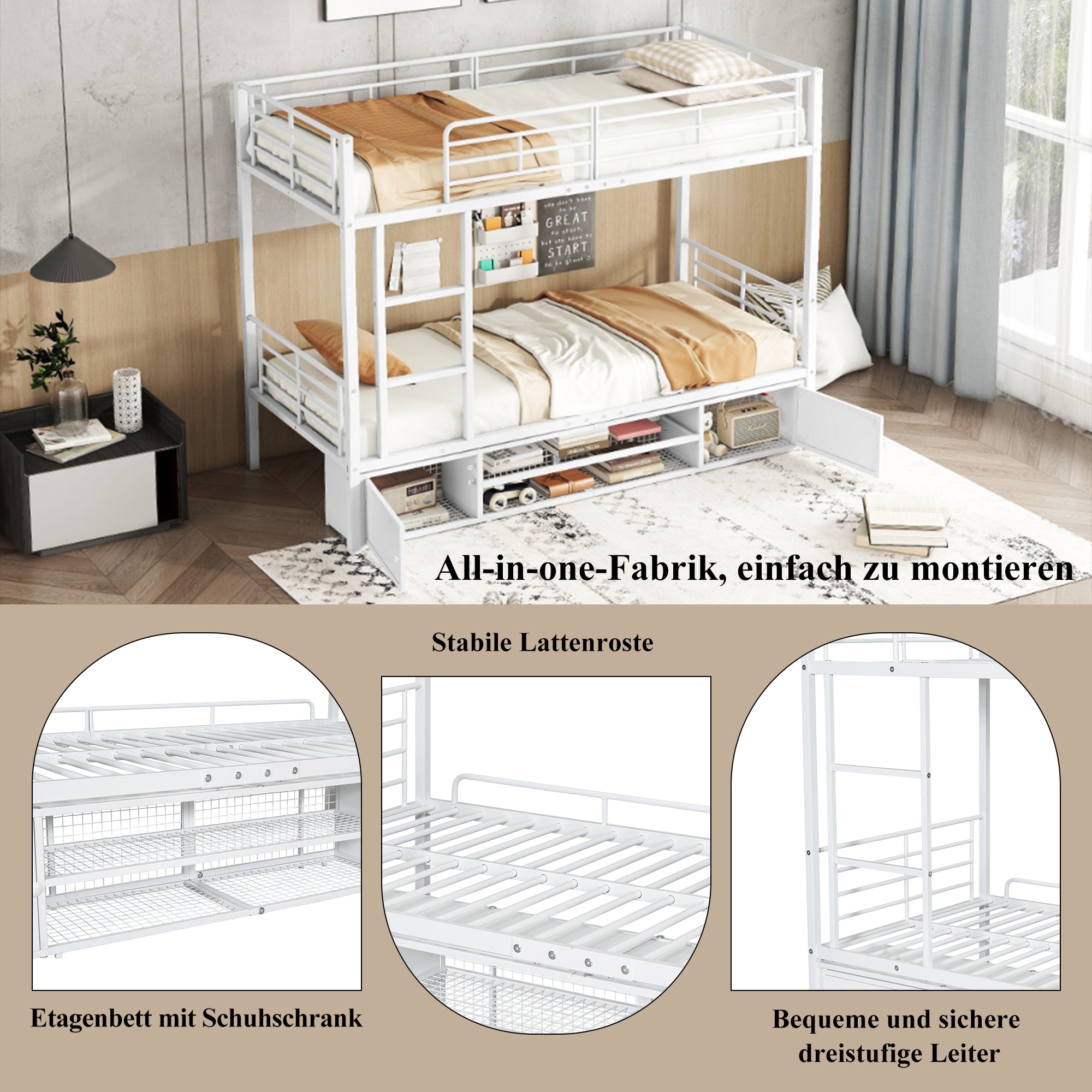 Logidon IJzeren Framebed Stapelbed Met Schoenenkast Wit 90x200 cm