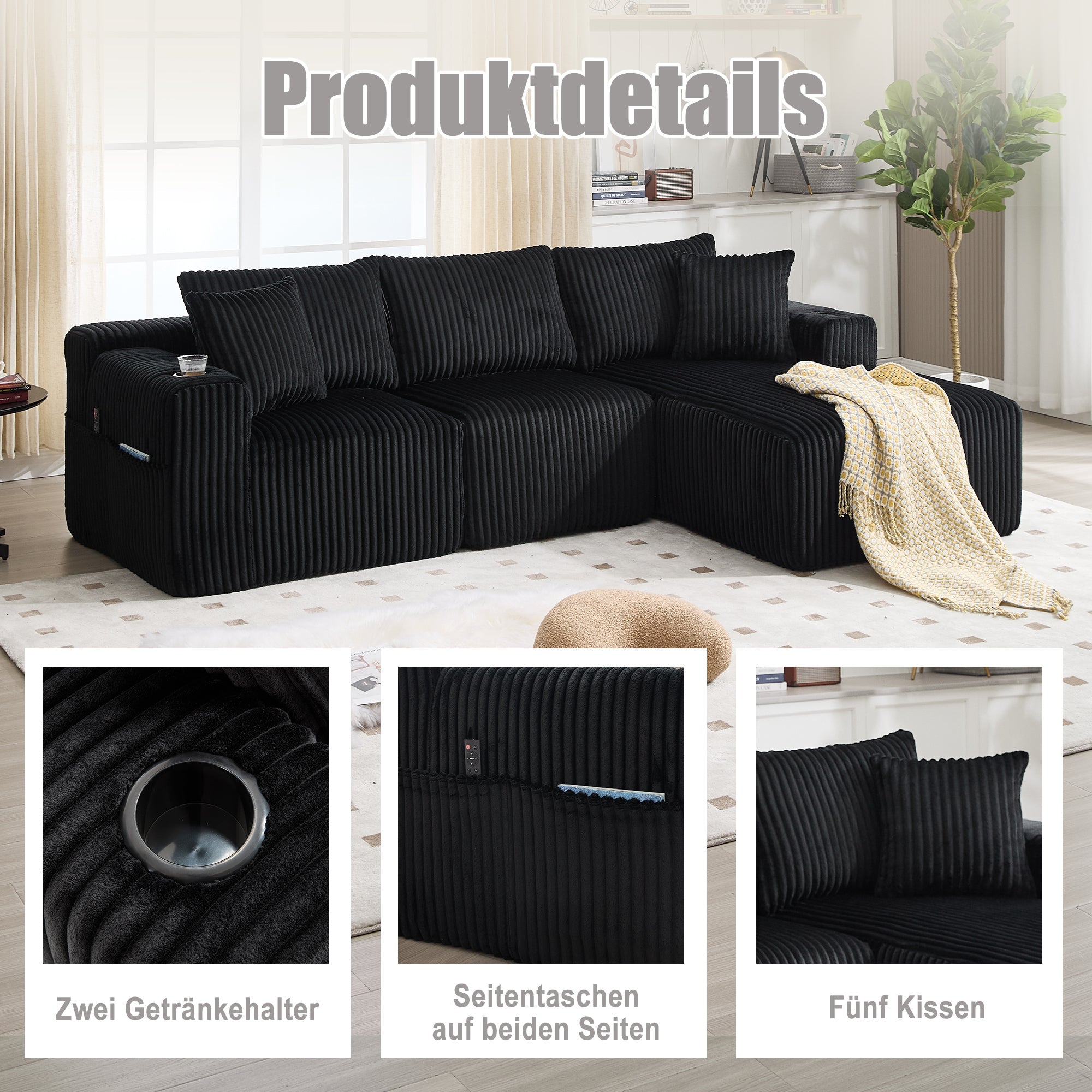 Logidon modulaire bankstel met chaise longue, 2-zitsbank, zwart corduroy