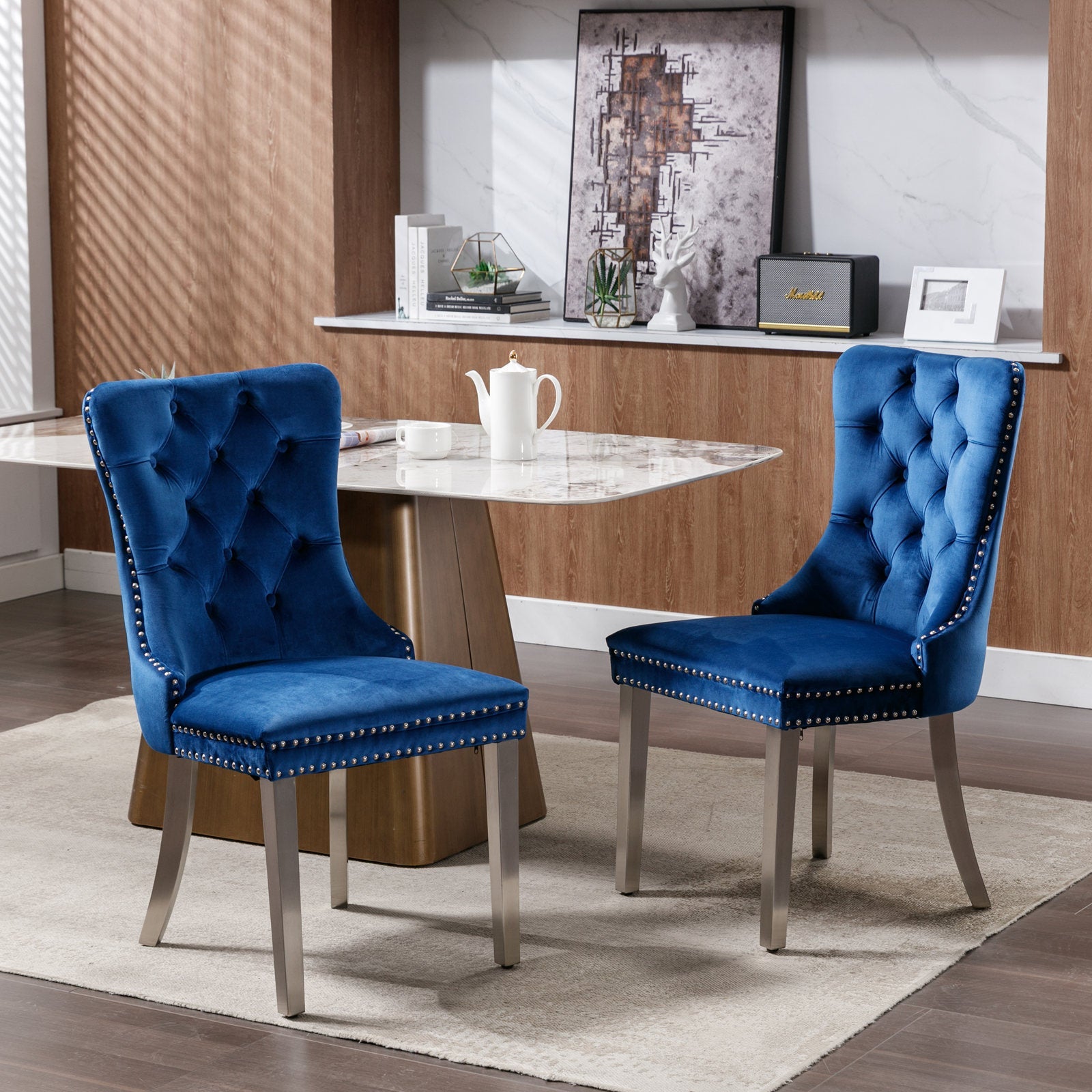 Logidon Nikki Eetstoel Blauw Fluweel Spijkerkop Chroom Voetenset 2