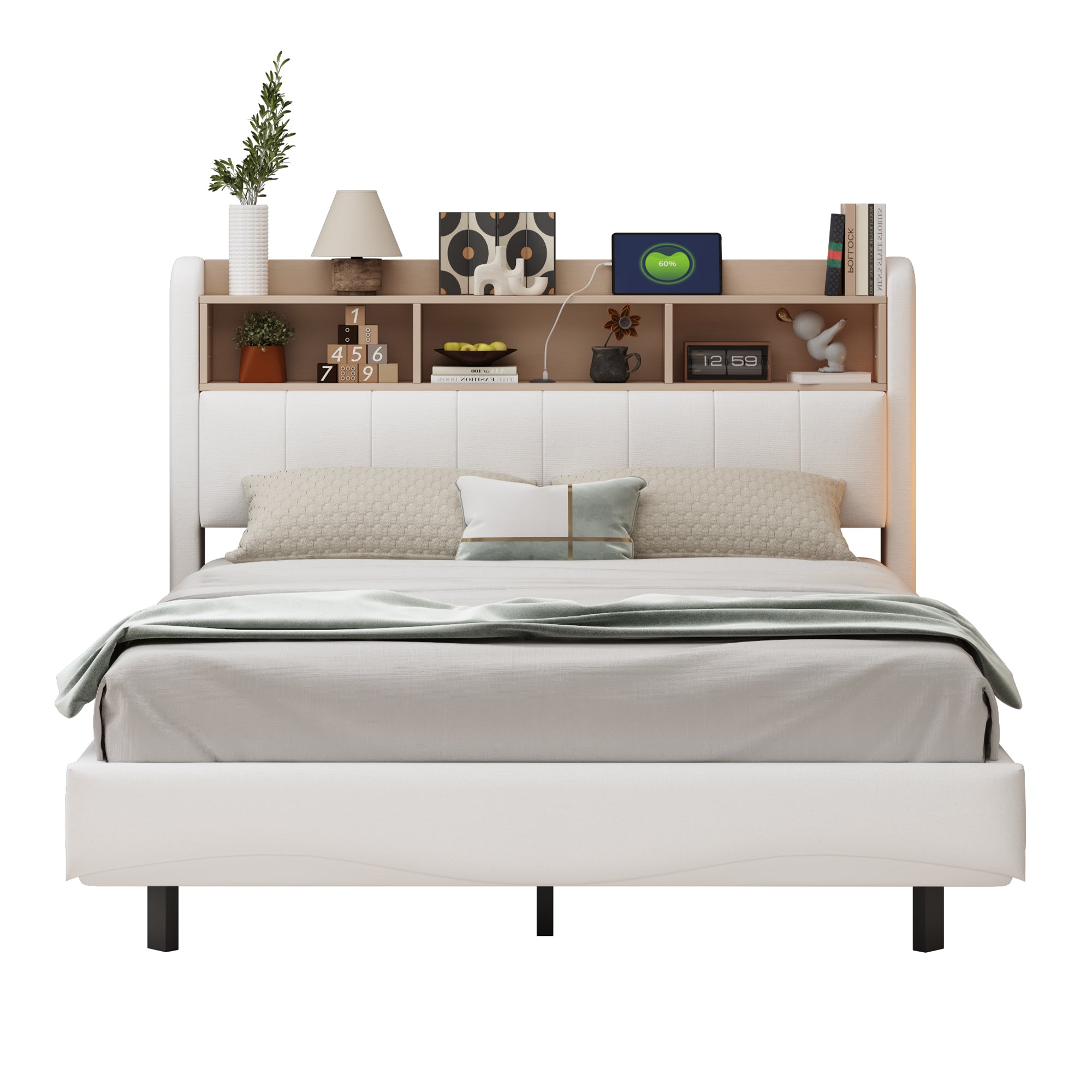 Logidon gestoffeerd bed 140x200 beige met LED-licht USB type C opbergruimte