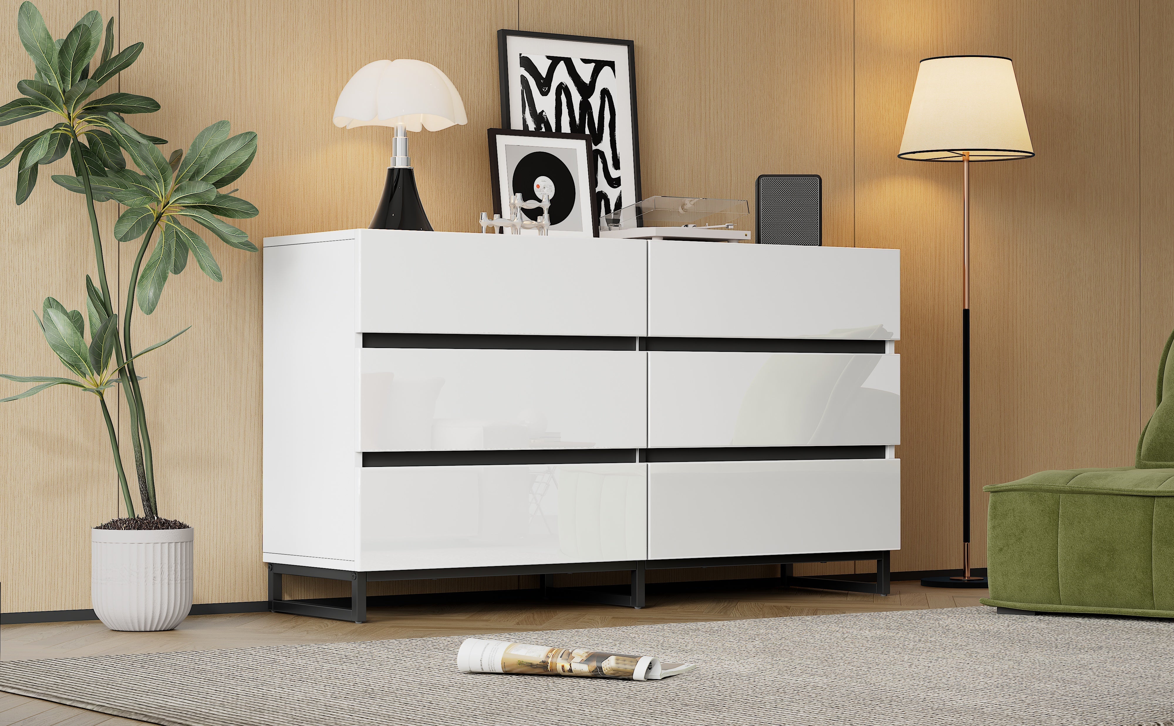 Logidon dressoir 140 cm hoogglans wit zwart met 6 lades