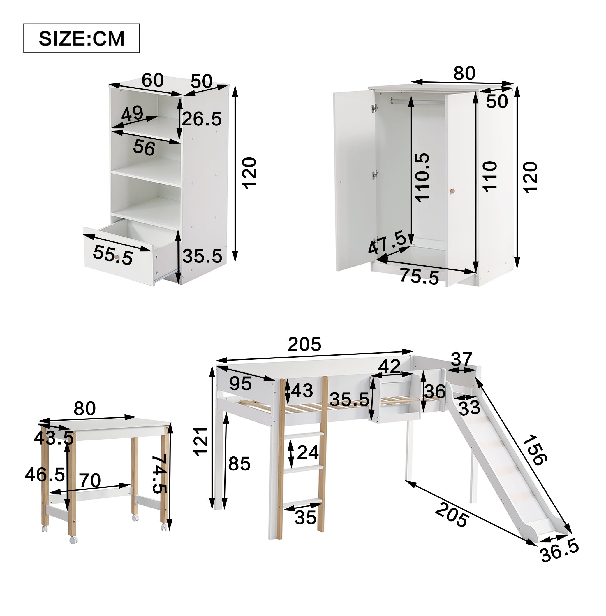 Logidon complete bedroom 3-piece loft bed with slide white/natural