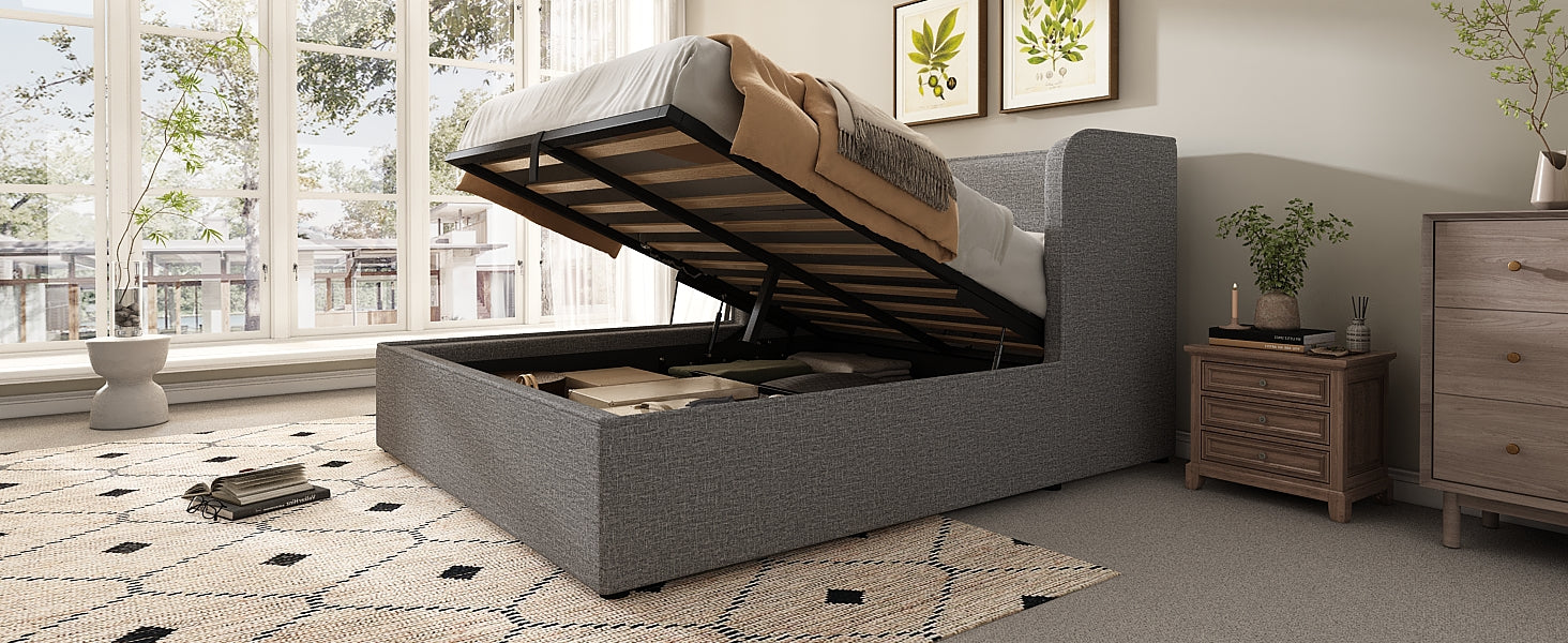 Logidon upholstered bed 160x200 with hydraulic storage space slatted frame gray