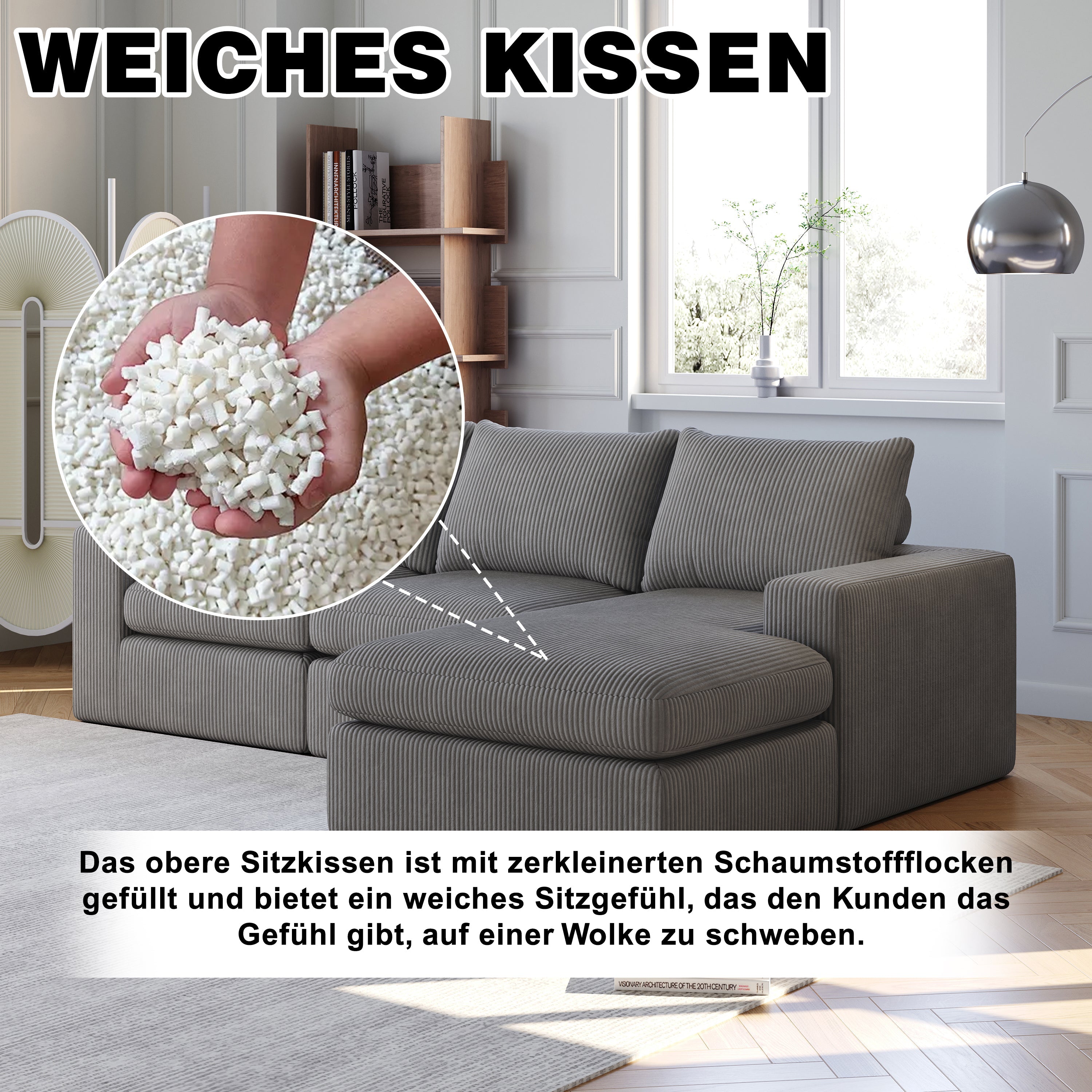Logidon Gray Cord Sofa With Chaise Longue L Shape Three Cushions