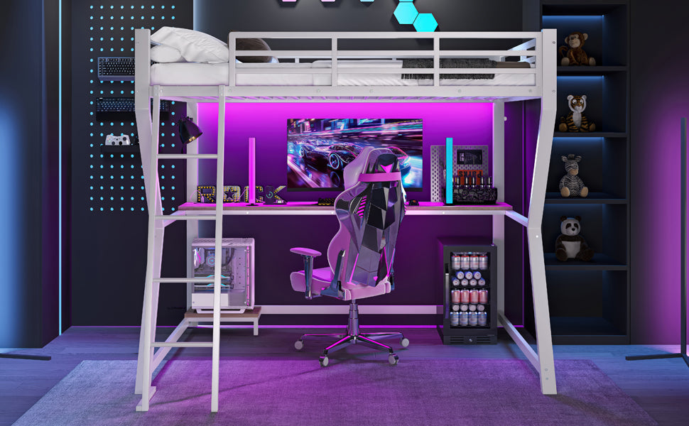 Logidon loft bed 90x200 with LED lighting and computer console white