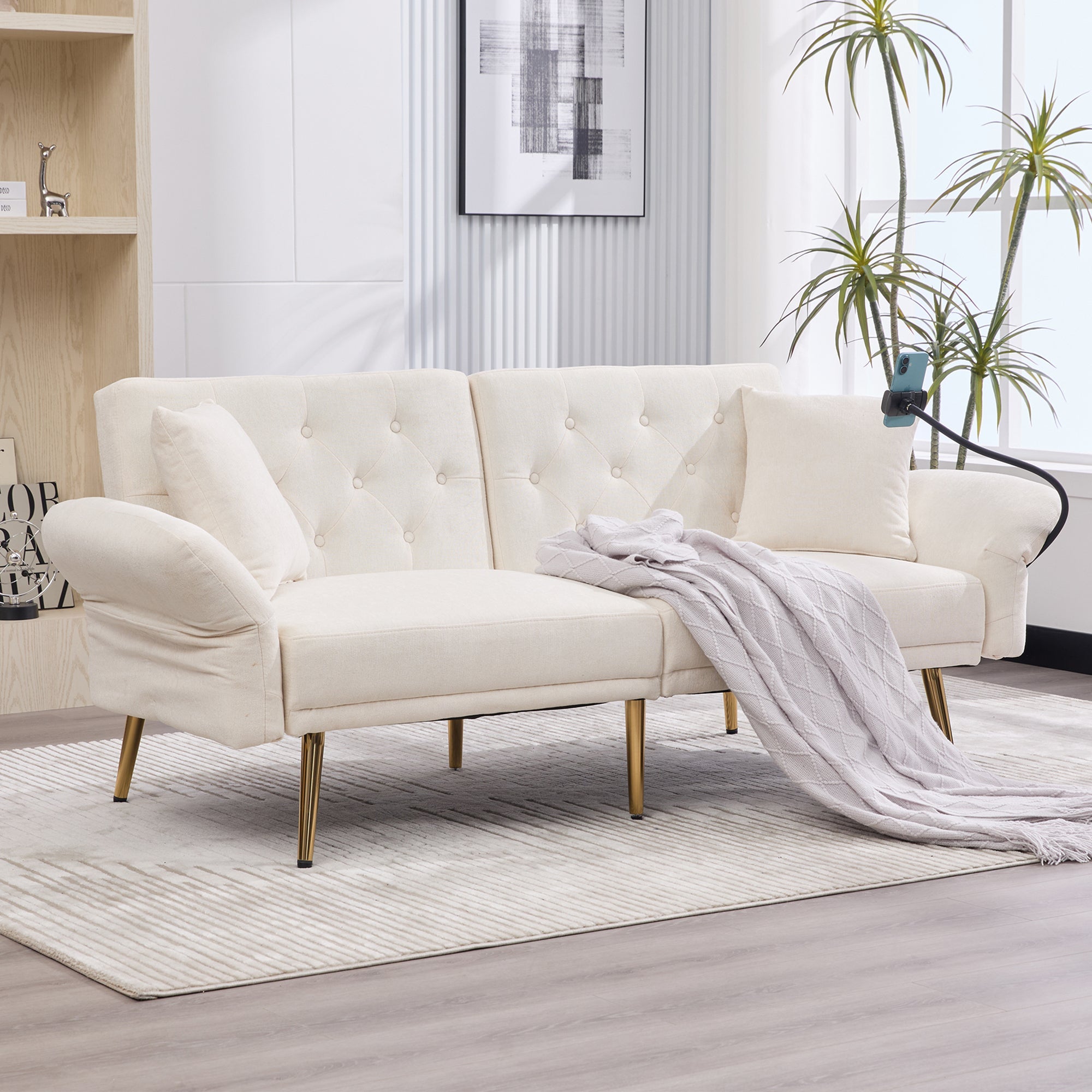 Logidon slaapbank tweezits beige fluweel met verstelbare rugleuning USB