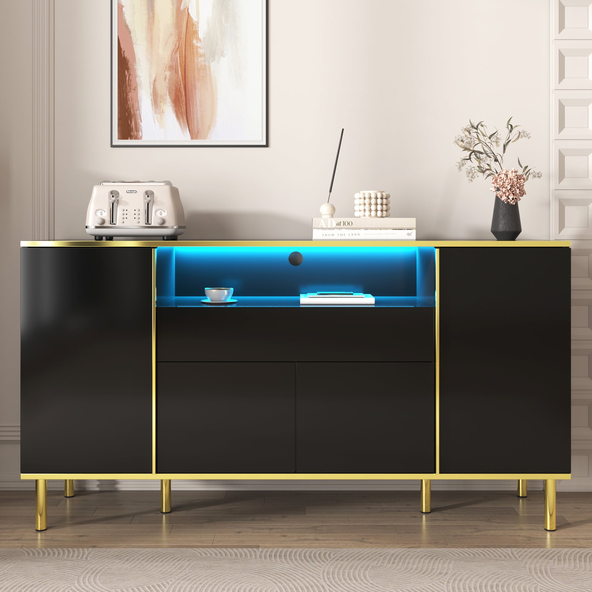 Logidon high-gloss sideboard black 150x40x80 with LED accents