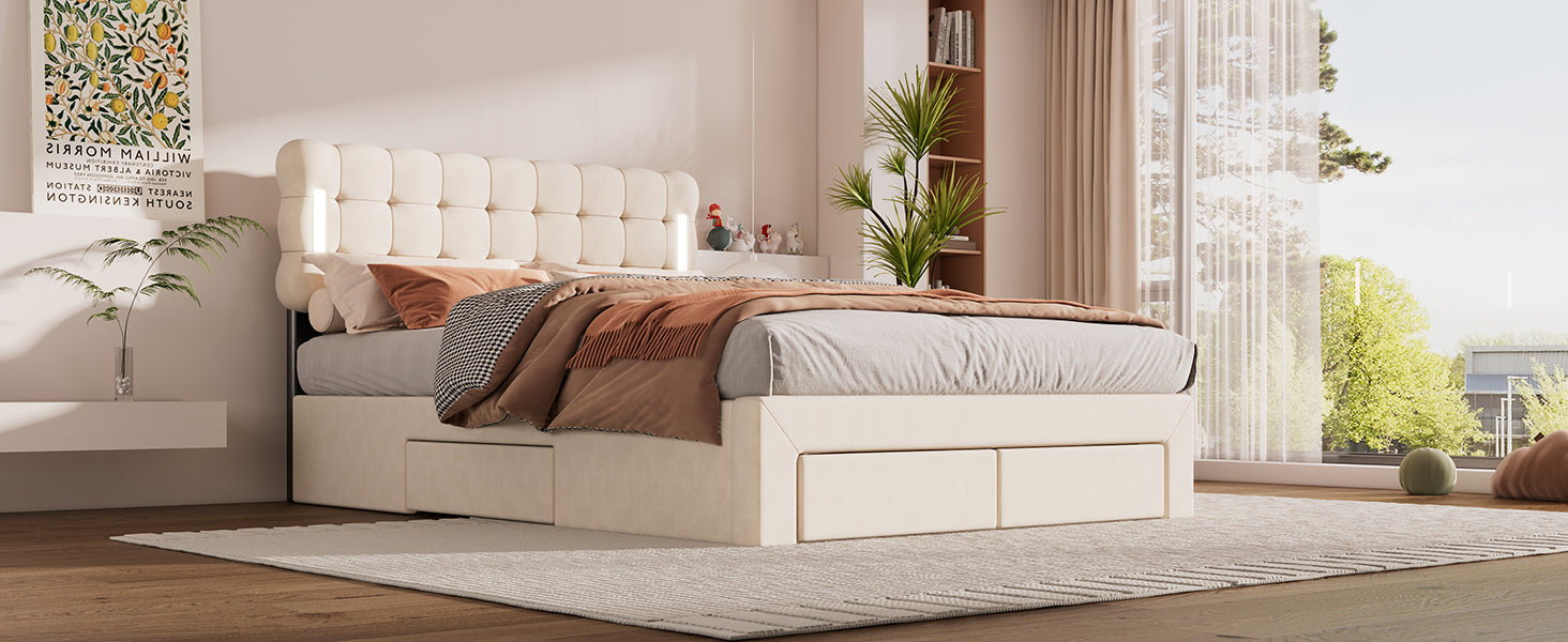 Logidon Flat Bed 140x200 Beige Velvet With Lighting And 4 Drawers