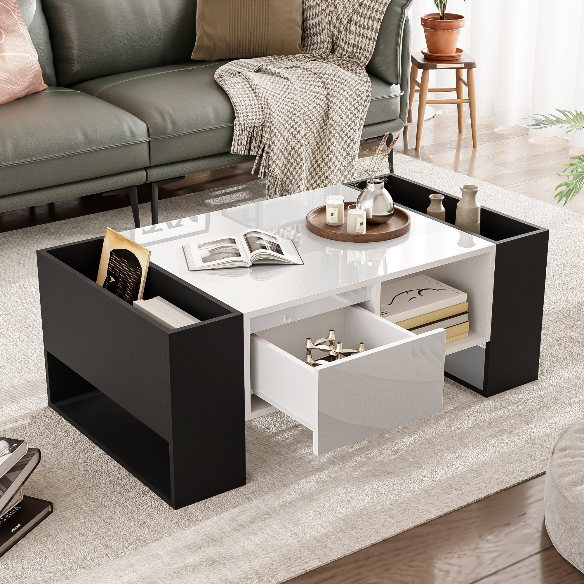 Logidon Moderne salontafel 105x60x40,5 cm hoogglans zwart en witte lade