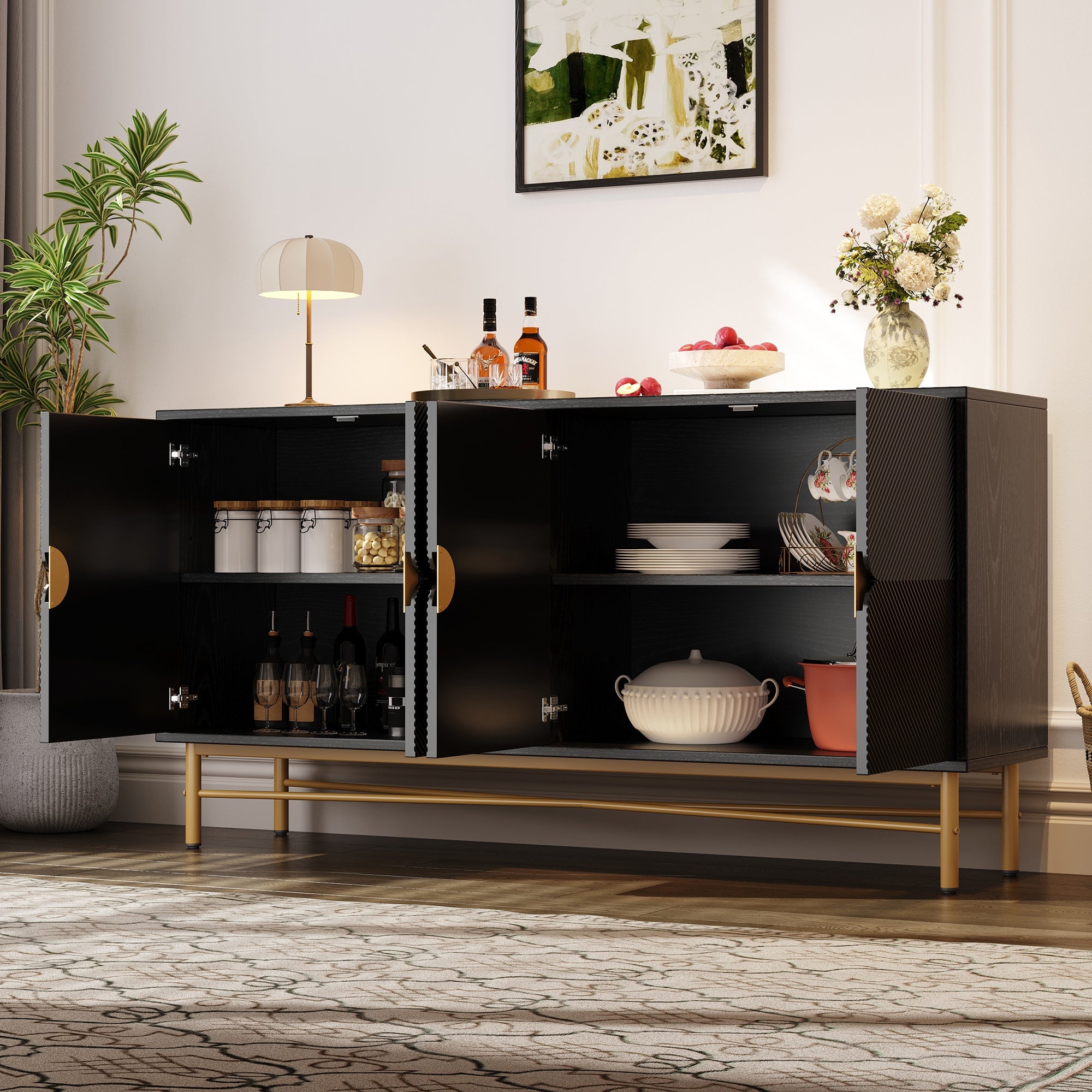 Logidon dressoir luxe structuur 160×40×82 cm zwarte hoogglans poten