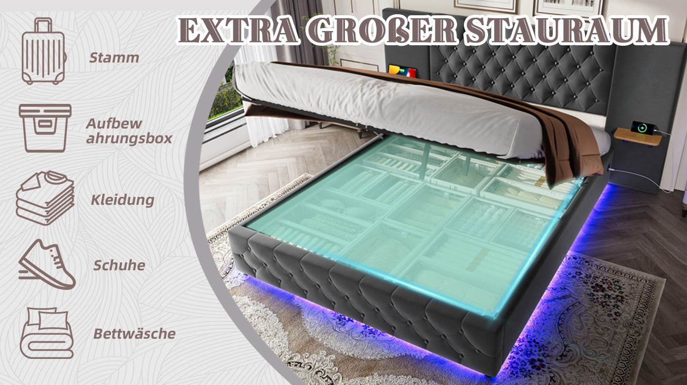 Logidon bedframe 140x200 cm grijs fluweel breed hoofdbord LED