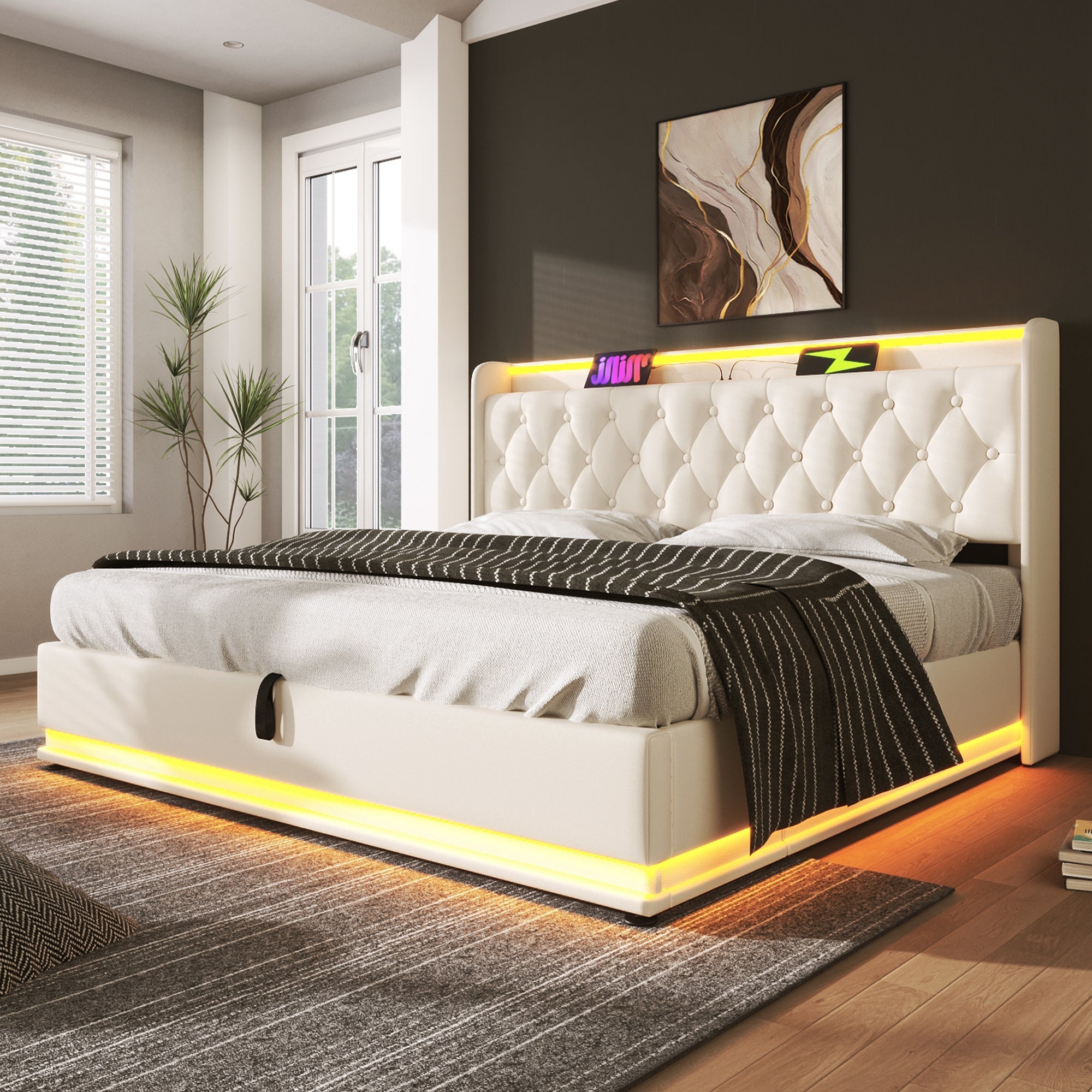 Logidon gestoffeerd bed tweepersoonsbed 140x200 cm wit PU 360 Surround LED