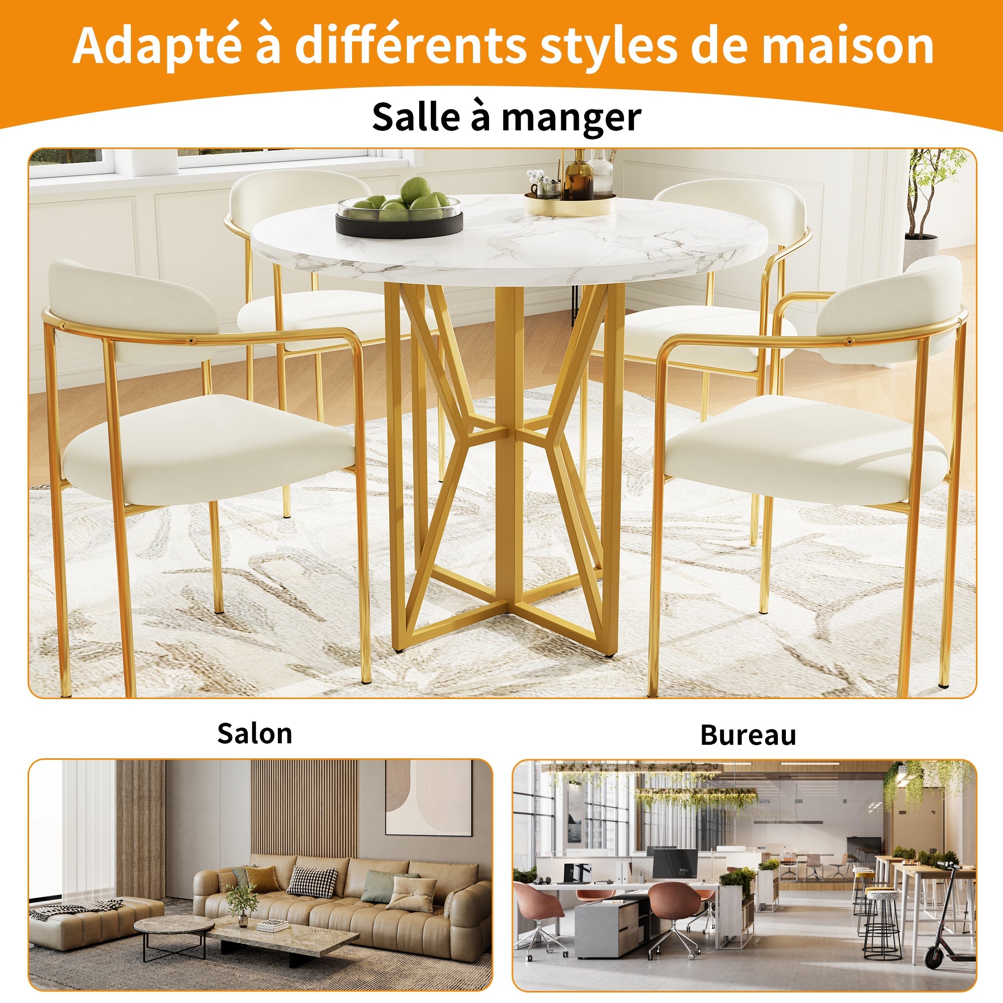 Logidon ronde eettafel 80x80 cm marmerlook gouden poten 4-6 personen