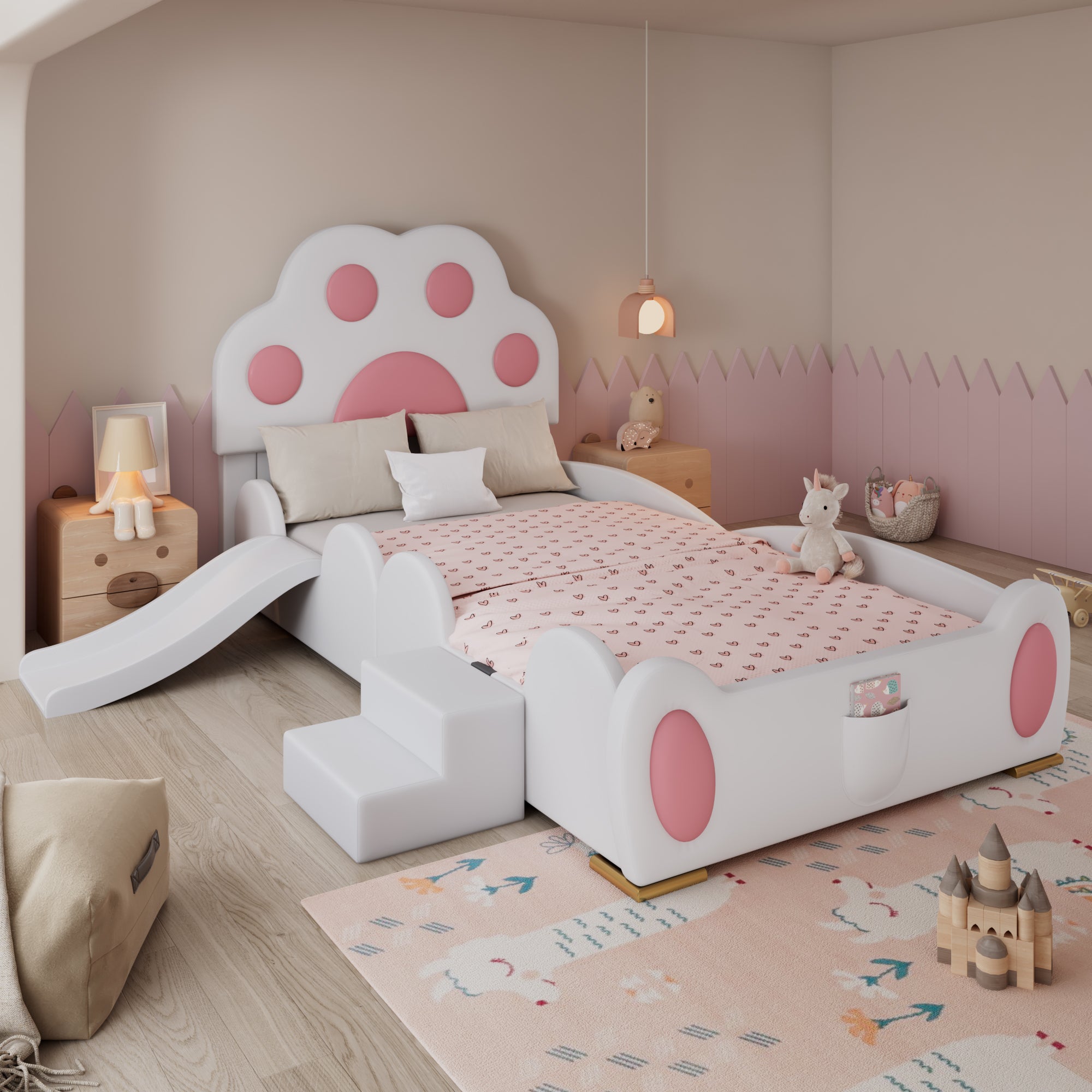 Logidon gestoffeerd bed 90x200 cm wit roze met kattenpoot hoofdeinde
