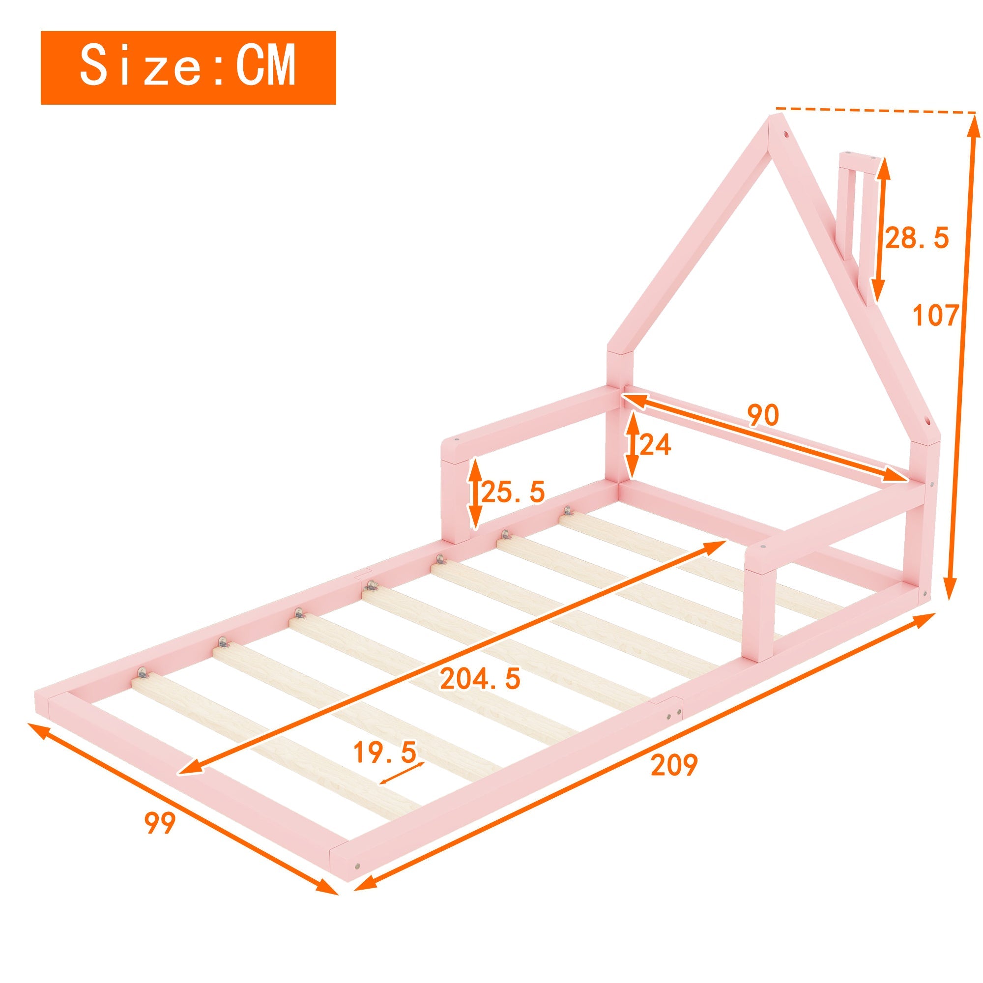 Logidon plat bed 90x200 huisvorm roze massief grenenhout