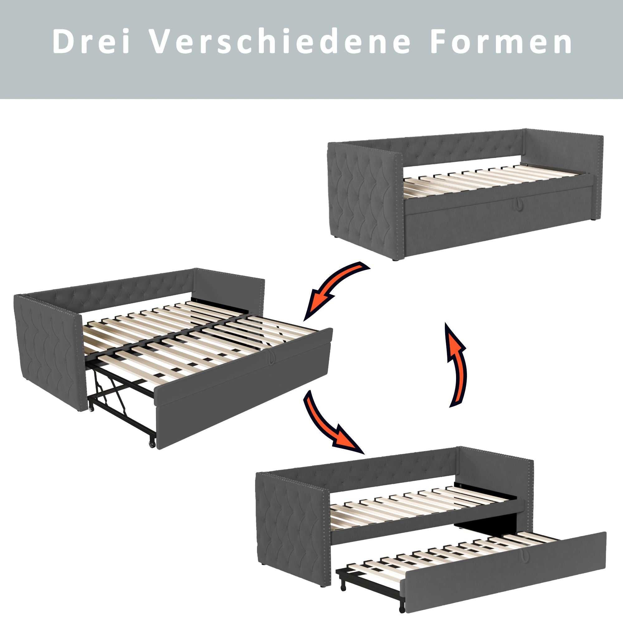 Logidon slaapbank uitschuifbaar 90x200 grijze fluwelen stof