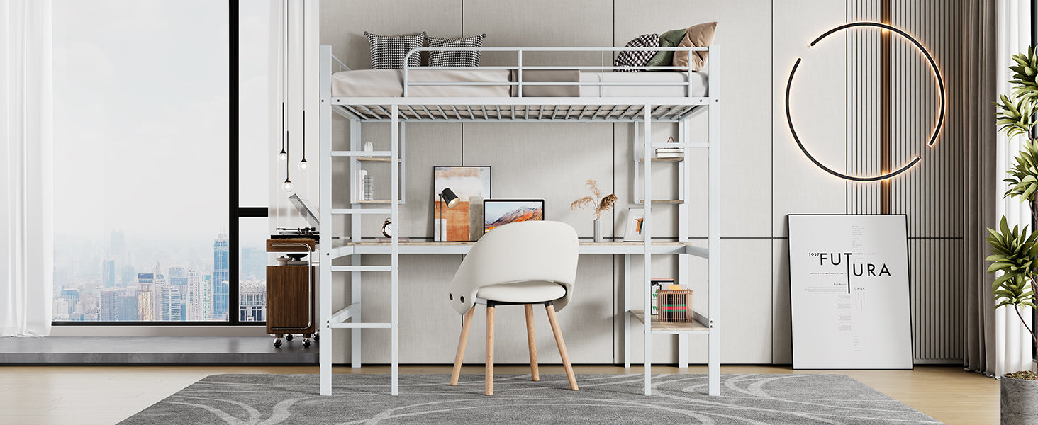 Logidon 90x200cm metal bed loft bed with desk and shelves white