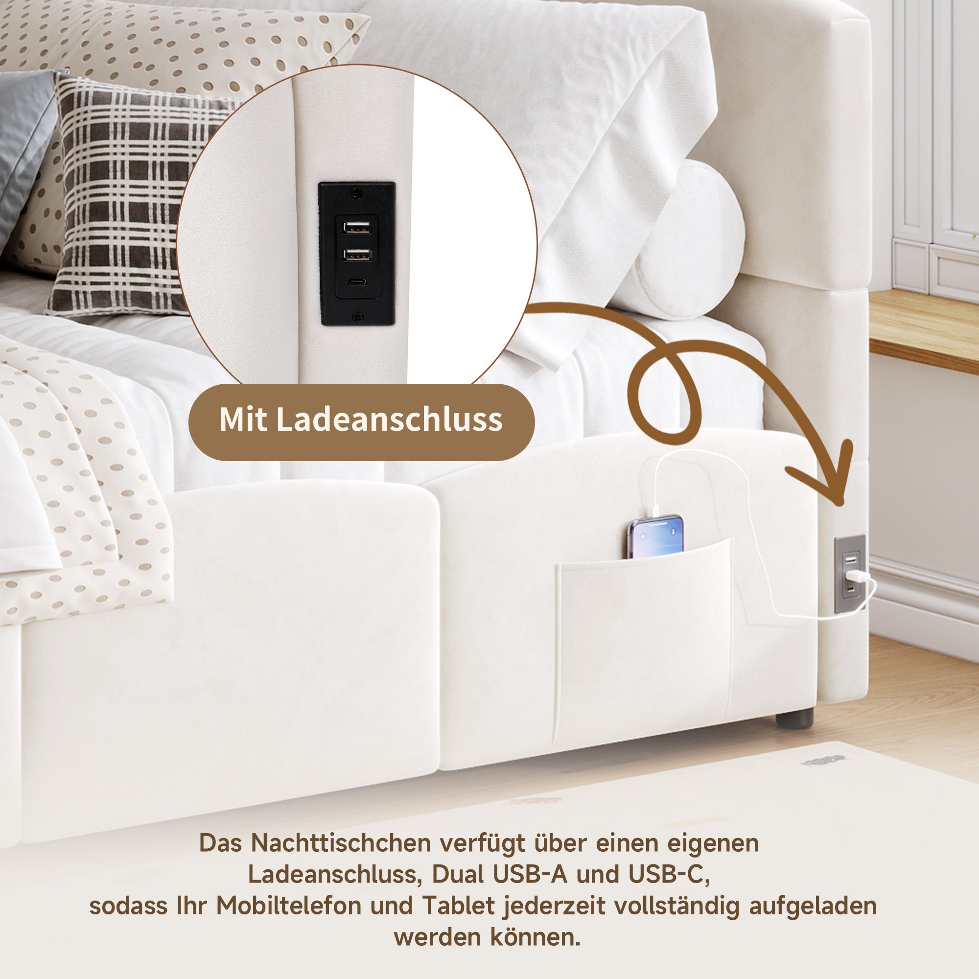 Logidon gestoffeerd bed 90x200 beige fluweel met opbergruimte
