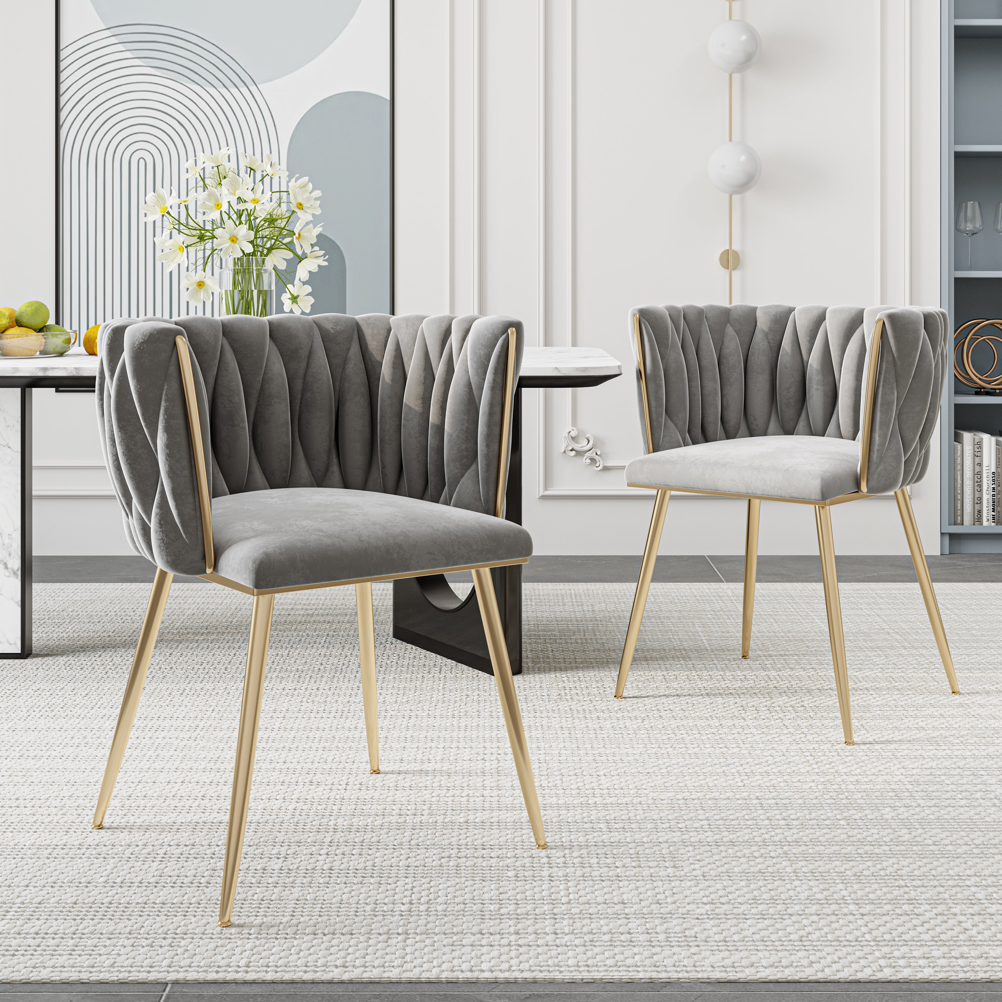 Logidon Luxe Velvet Eetkamerstoelenset Grijs Set van 2 met Gouden Poten