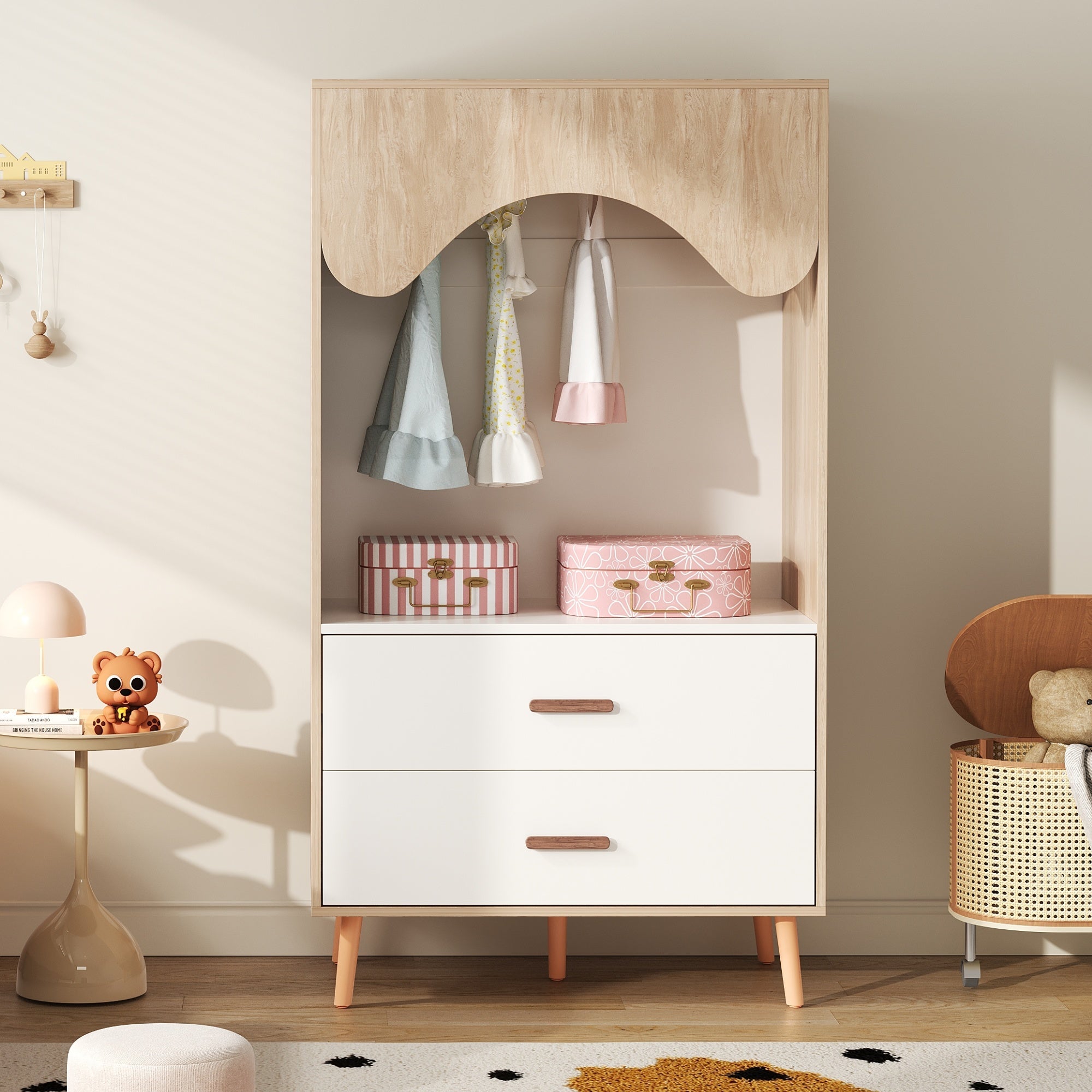 Logidon Children's Wardrobe Sliding Door Open Wardrobe White Natural Wood 141.5 cm