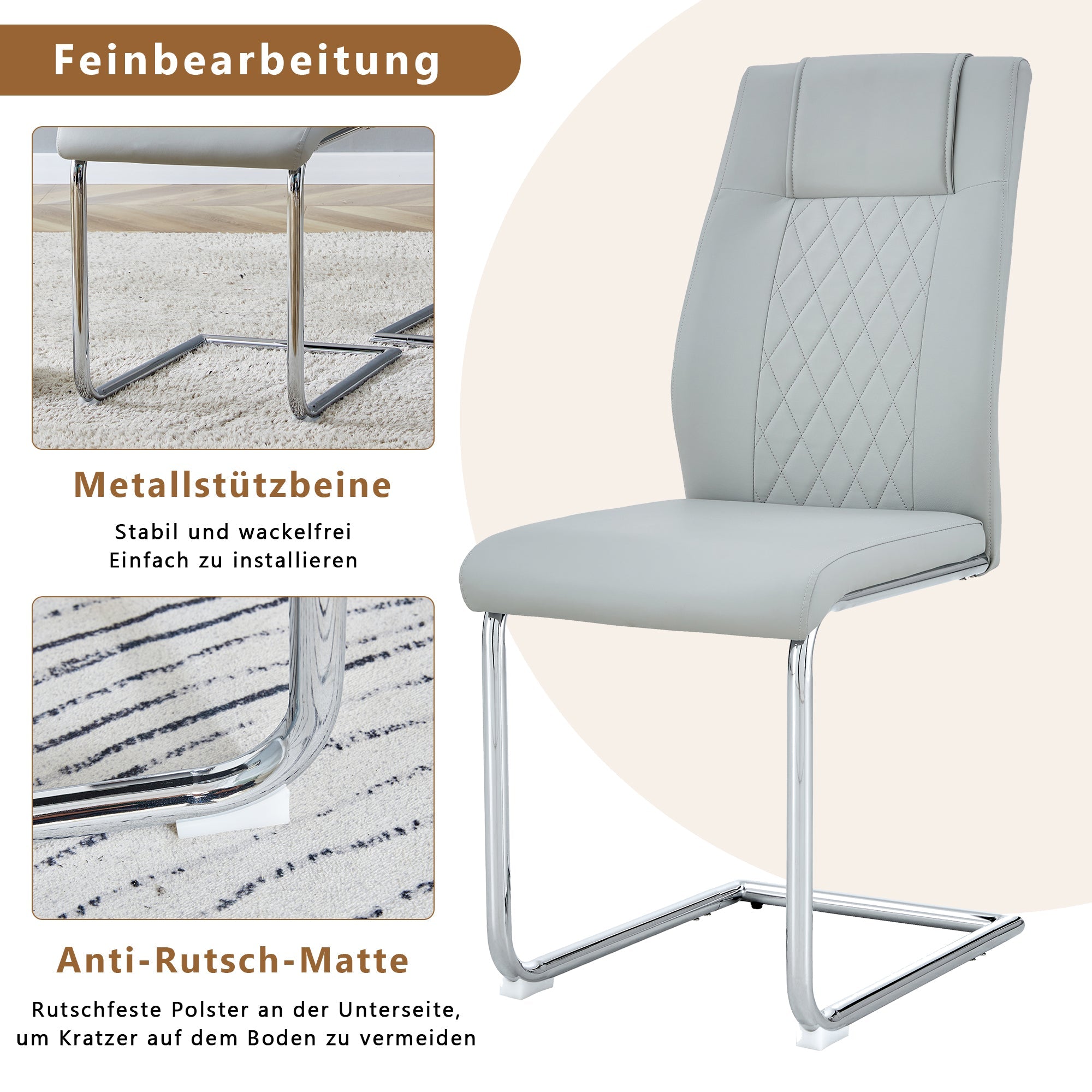 Logidon Scandinavische stijl lichtgrijze PU eetkamerstoelenset met vier stoelen